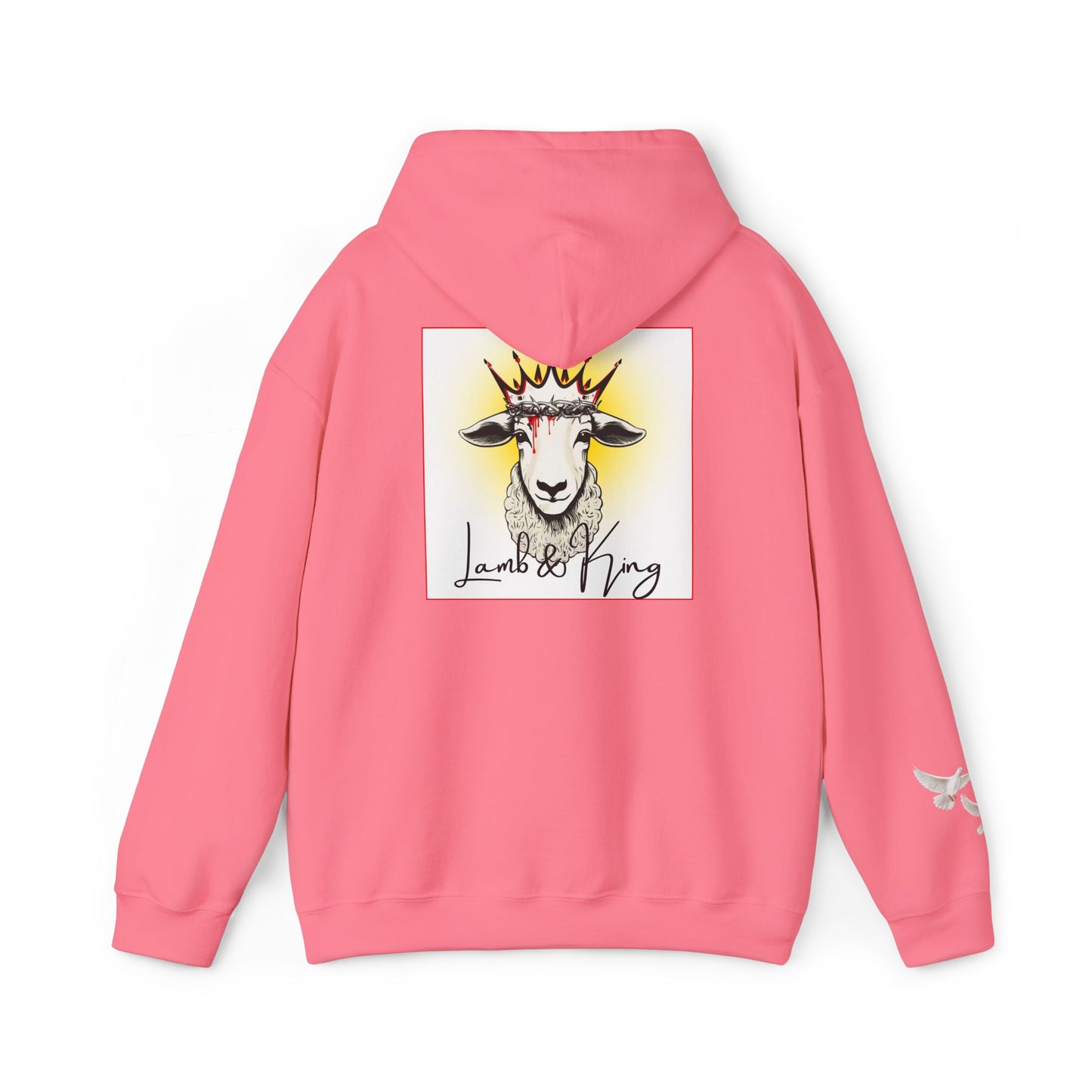 Safety Pink Lamb & King pullover hoodie shown from the back featuring an illustrated crowned lamb with a crown of thorns, blood drops, and the Lamb & King logo centered on the back, with a small dove logo on the left sleeve.