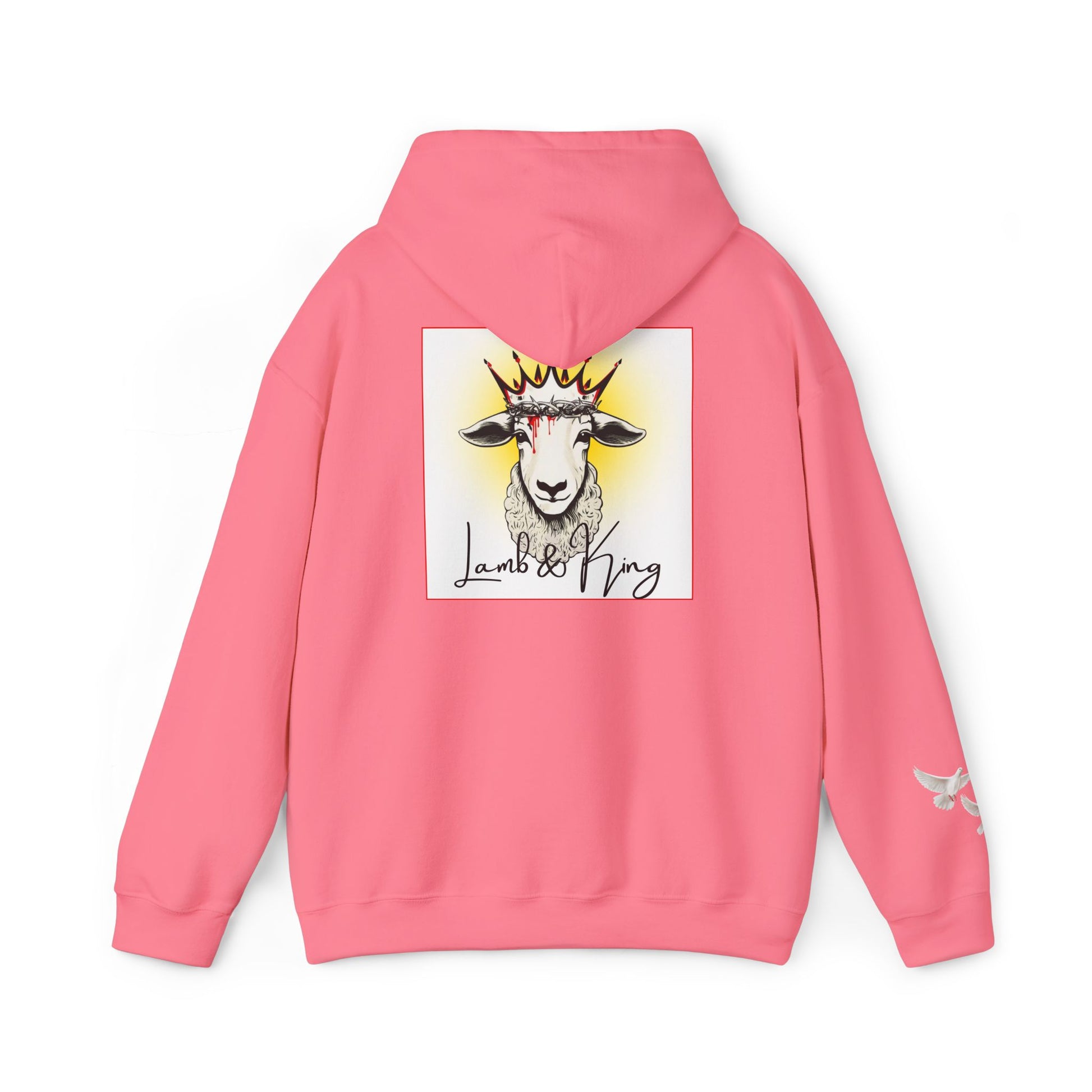 Safety Pink Lamb & King pullover hoodie shown from the back featuring an illustrated crowned lamb with a crown of thorns, blood drops, and the Lamb & King logo centered on the back, with a small dove logo on the left sleeve.