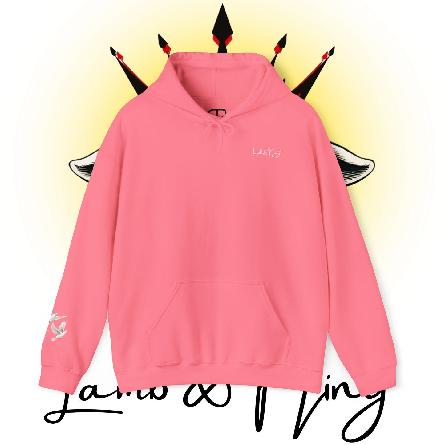 Safety Pink Lamb & King pullover hoodie featuring a small Lamb & King script logo embroidered on the left chest and a small dove logo on the left sleeve.
