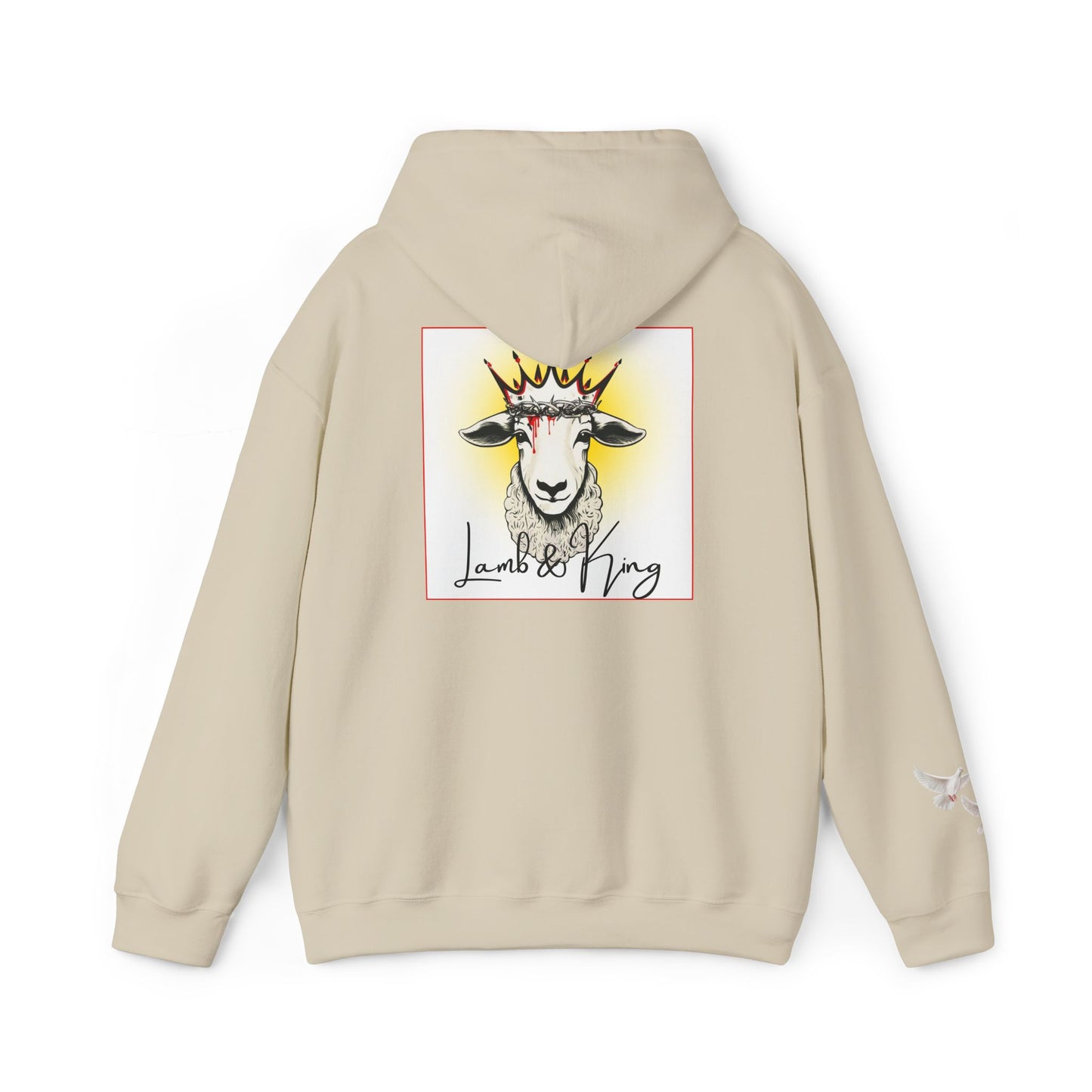 Sand Lamb & King pullover hoodie shown from the back featuring an illustrated crowned lamb with a crown of thorns, blood drops, and the Lamb & King logo centered on the back, with a small dove logo on the left sleeve.