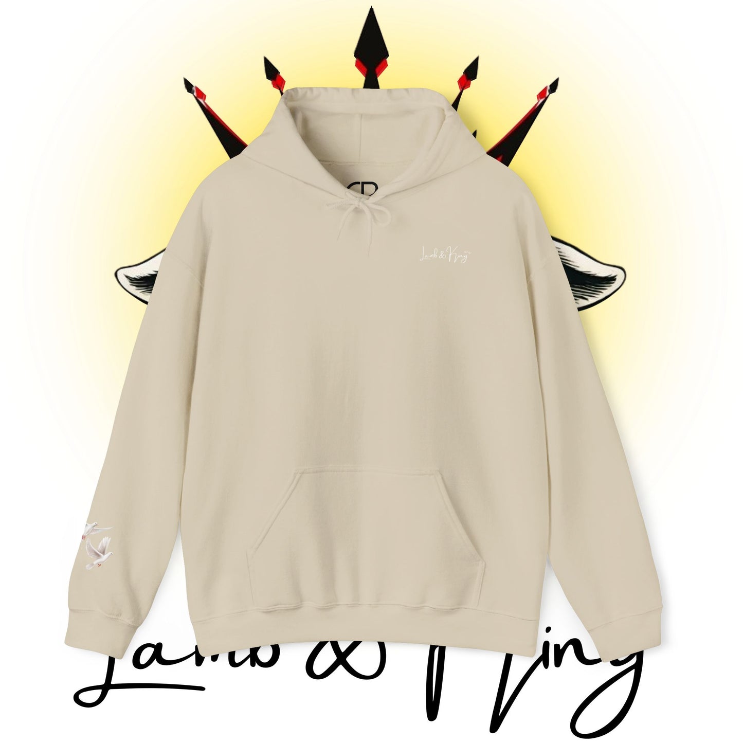 Sand Lamb & King pullover hoodie featuring a small Lamb & King script logo embroidered on the left chest and a small dove logo on the left sleeve.