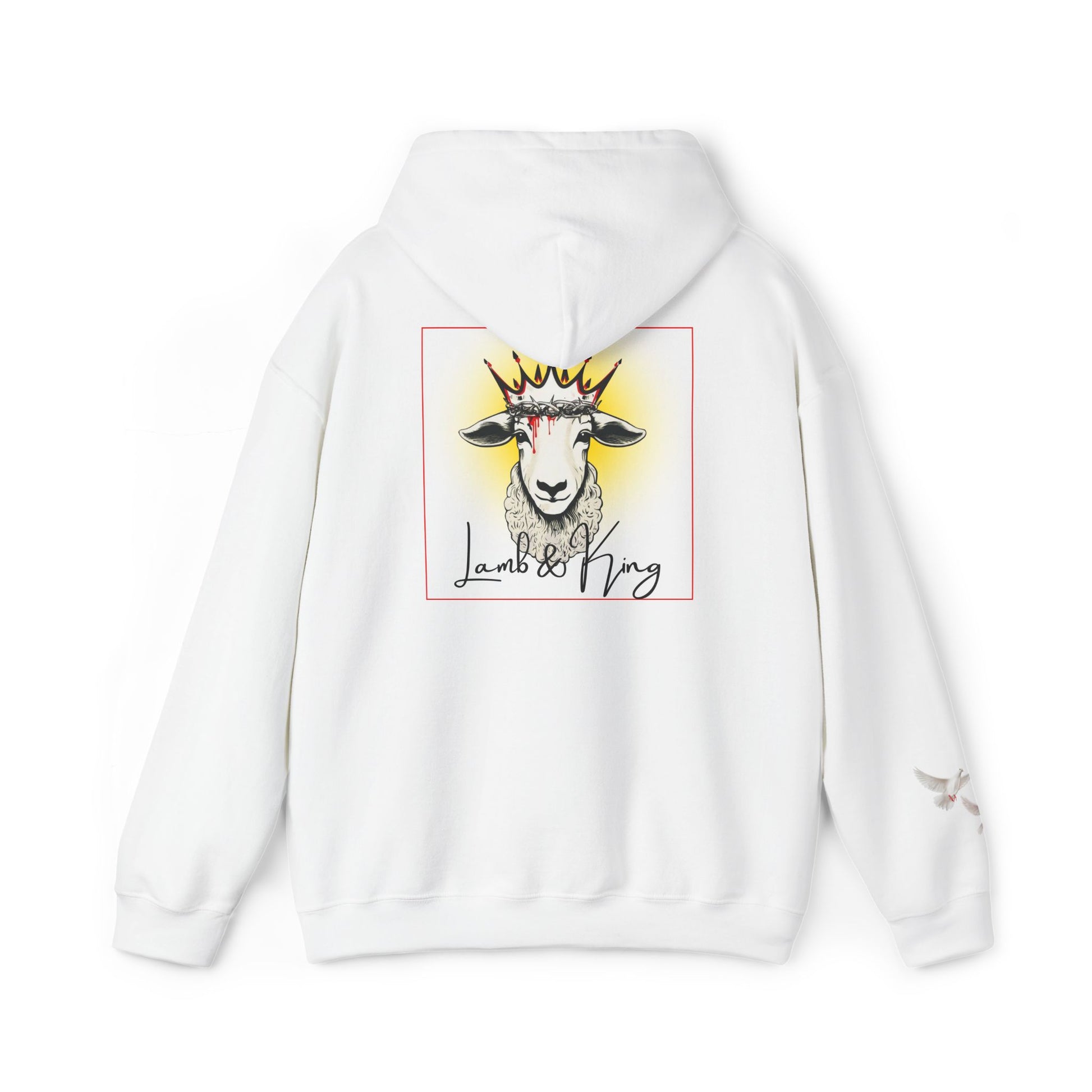 White Lamb & King pullover hoodie shown from the back featuring an illustrated crowned lamb with a crown of thorns, blood drops, and the Lamb & King logo centered on the back, with a small dove logo on the left sleeve.
