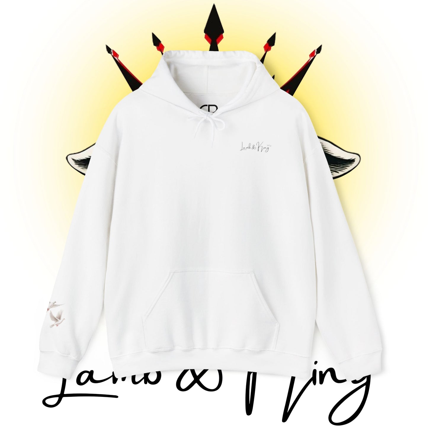 White Lamb & King pullover hoodie featuring a small Lamb & King script logo embroidered on the left chest and a small dove logo on the left sleeve.