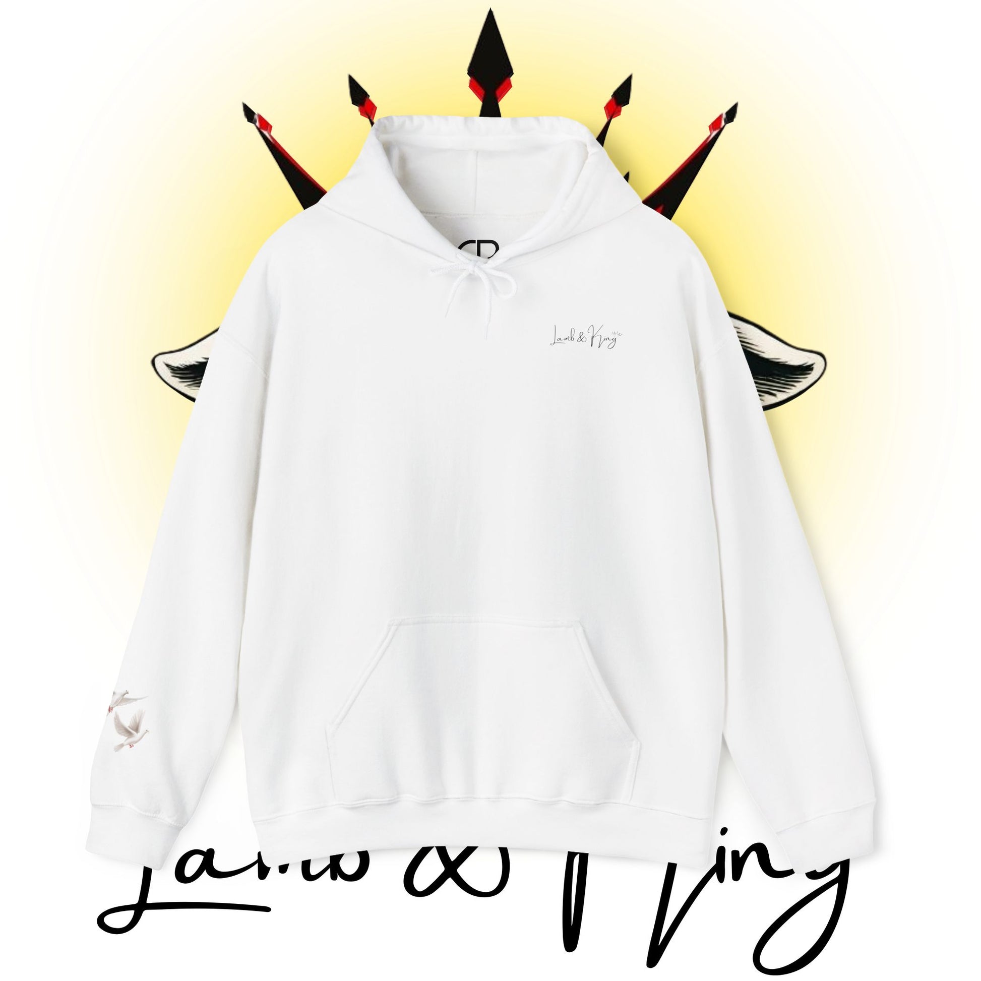 White Lamb & King pullover hoodie featuring a small Lamb & King script logo embroidered on the left chest and a small dove logo on the left sleeve.