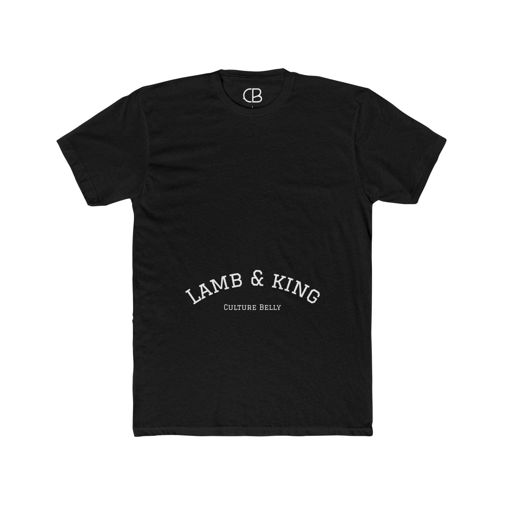 Black Lamb & King Royalty T-shirt featuring an illustrated crowned lamb with a crown of thorns, blood drops, and the Lamb & King Royalty logo on the upper back.