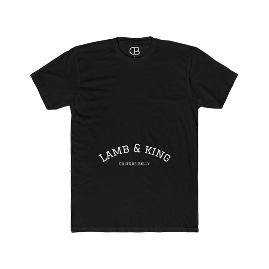 Black Lamb & King Royalty T-shirt featuring an illustrated crowned lamb with a crown of thorns, blood drops, and the Lamb & King Royalty logo on the upper back.