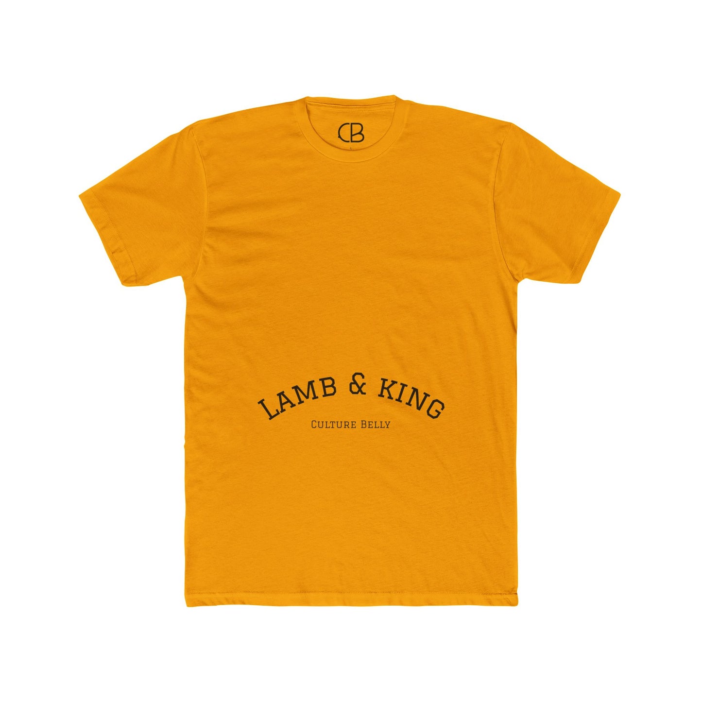 Gold Lamb & King Royalty T-shirt featuring an illustrated crowned lamb with a crown of thorns, blood drops, and the Lamb & King Royalty logo on the upper back.