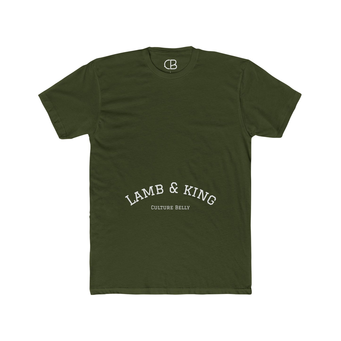 Military Green Lamb & King Royalty T-shirt featuring an illustrated crowned lamb with a crown of thorns, blood drops, and the Lamb & King Royalty logo on the upper back.