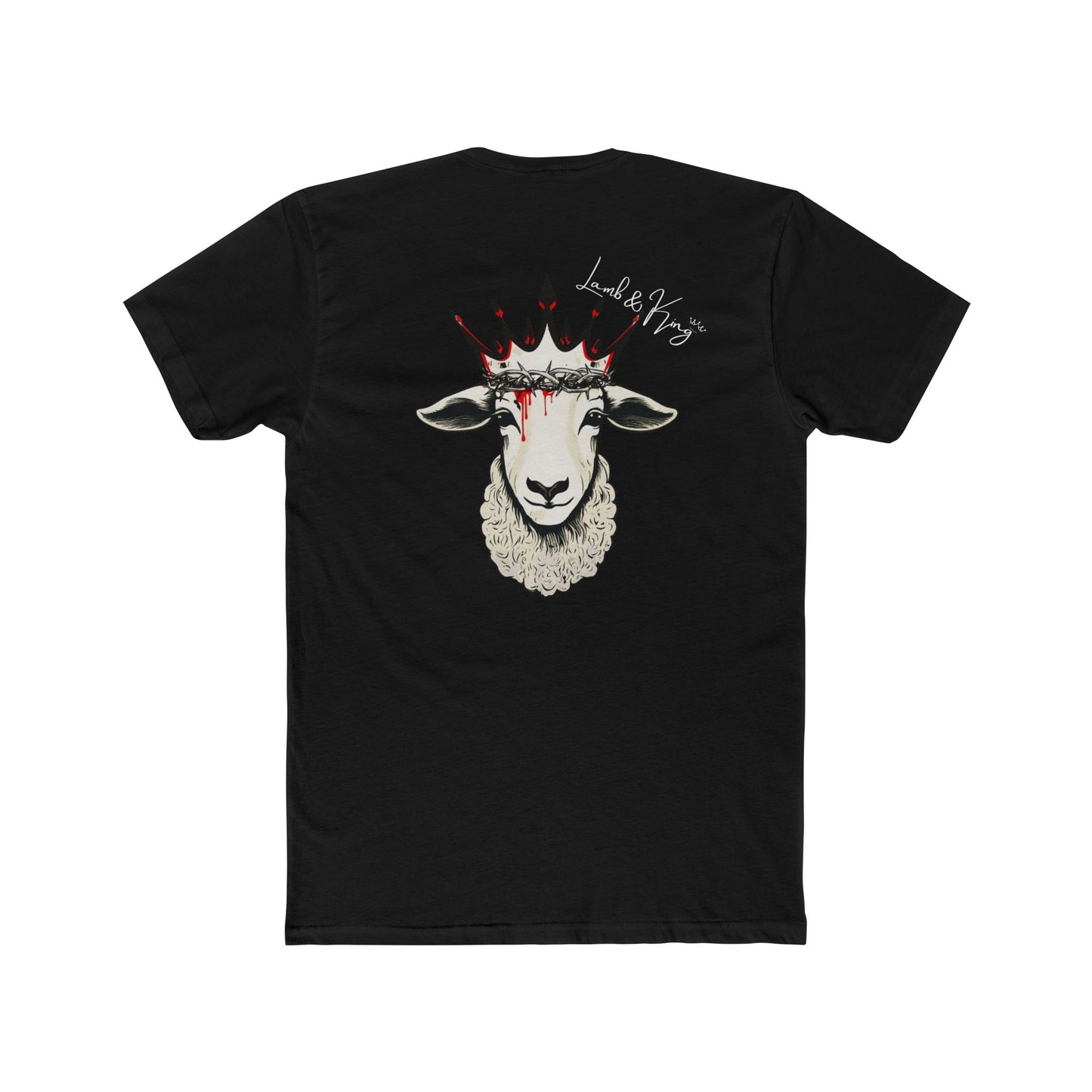Solid Black Lamb & King Royalty T-shirt shown from the back featuring a crowned lamb with a crown of thorns, blood drops, and the Lamb & King Royalty logo centered on the upper back.