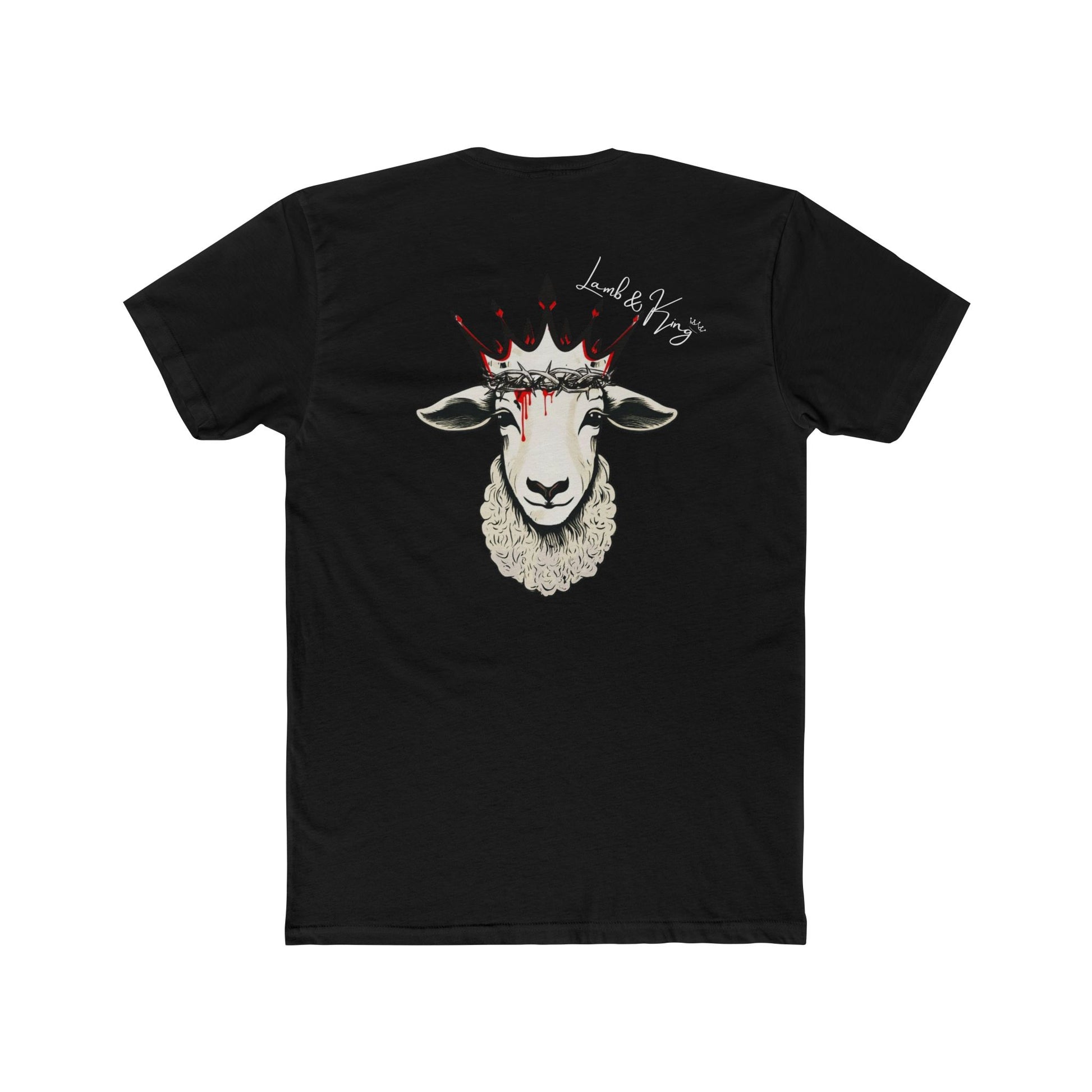 Solid Black Lamb & King Royalty T-shirt shown from the back featuring a crowned lamb with a crown of thorns, blood drops, and the Lamb & King Royalty logo centered on the upper back.