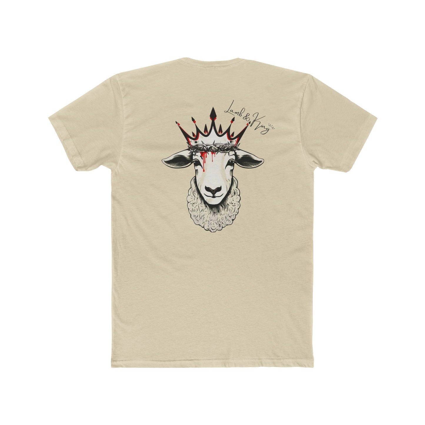 Solid Cream Lamb & King Royalty T-shirt shown from the back featuring a crowned lamb with a crown of thorns, blood drops, and the Lamb & King Royalty logo centered on the upper back.