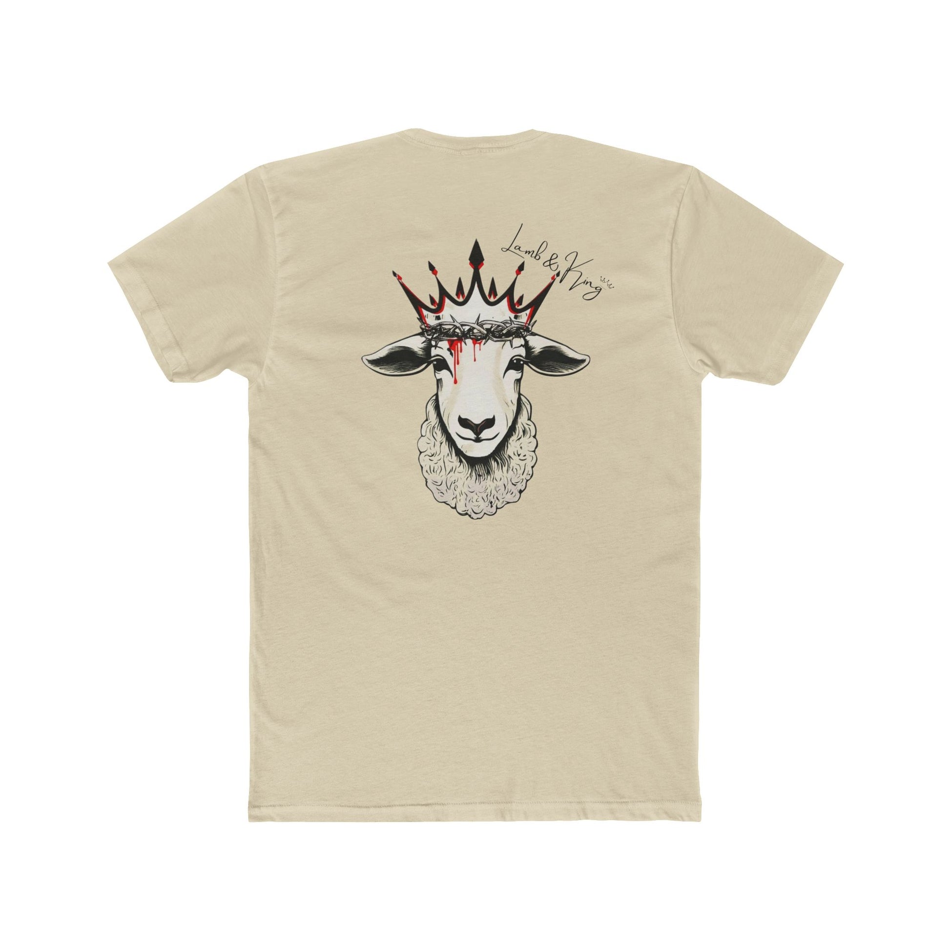Solid Cream Lamb & King Royalty T-shirt shown from the back featuring a crowned lamb with a crown of thorns, blood drops, and the Lamb & King Royalty logo centered on the upper back.