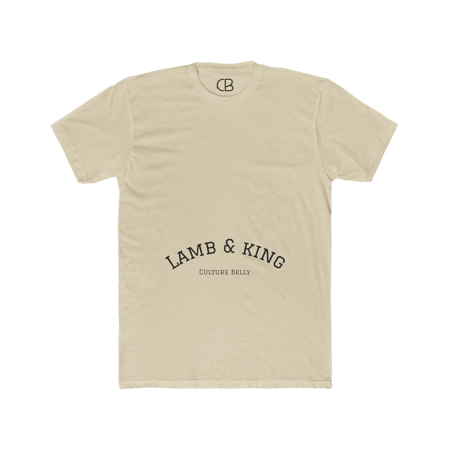 Solid cream Lamb & King Royalty T-shirt featuring an illustrated crowned lamb with a crown of thorns, blood drops, and the Lamb & King Royalty logo on the upper back.