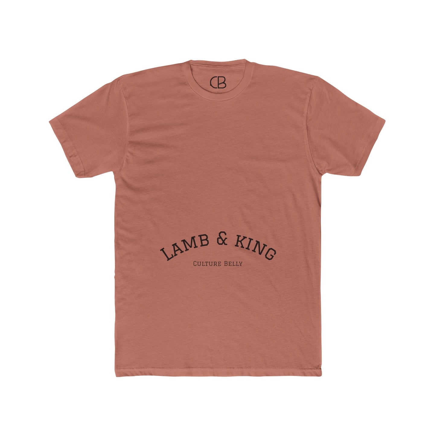 Solid Desert Pink Lamb & King Royalty T-shirt featuring an illustrated crowned lamb with a crown of thorns, blood drops, and the Lamb & King Royalty logo on the upper back.