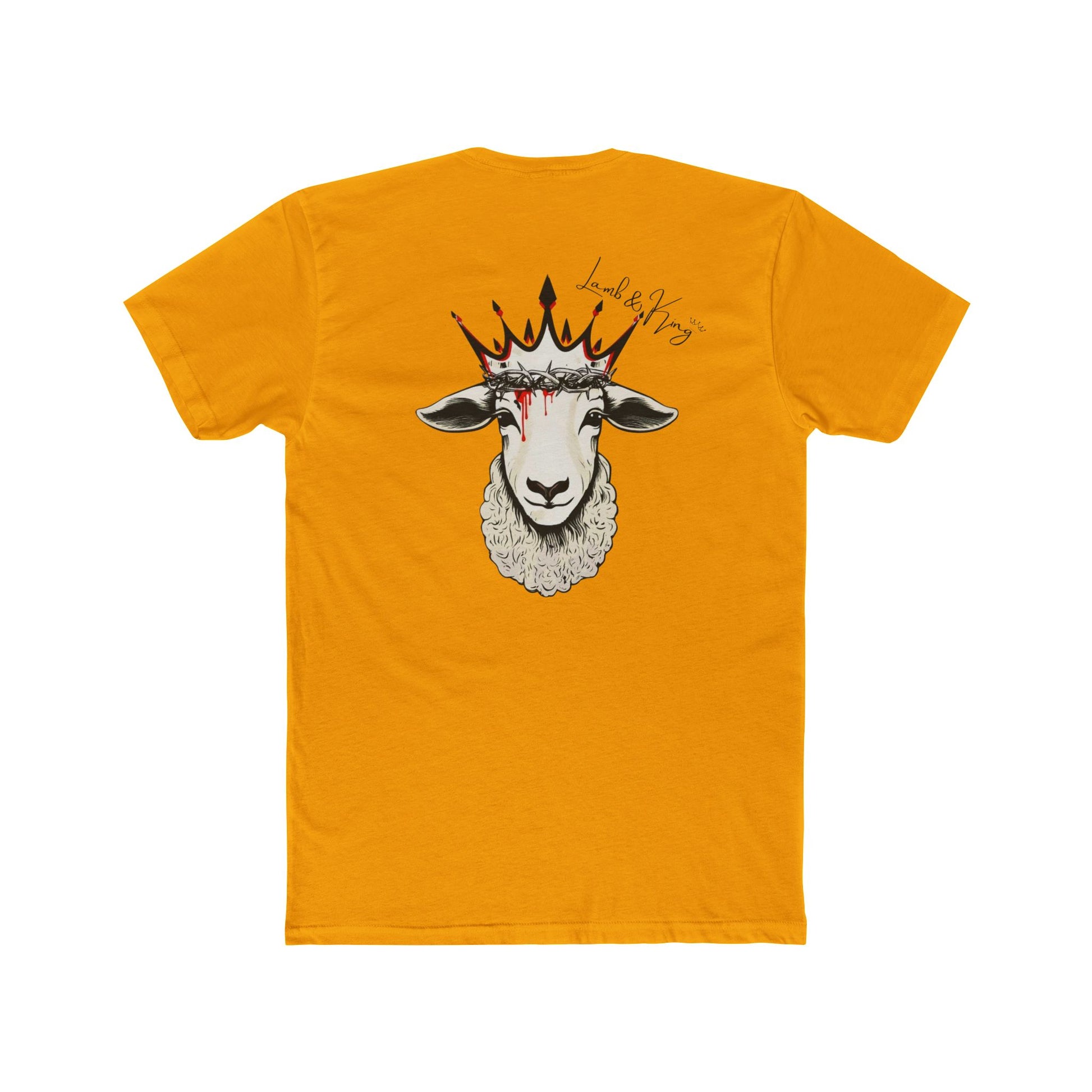 Solid Gold Lamb & King Royalty T-shirt shown from the back featuring a crowned lamb with a crown of thorns, blood drops, and the Lamb & King Royalty logo centered on the upper back.