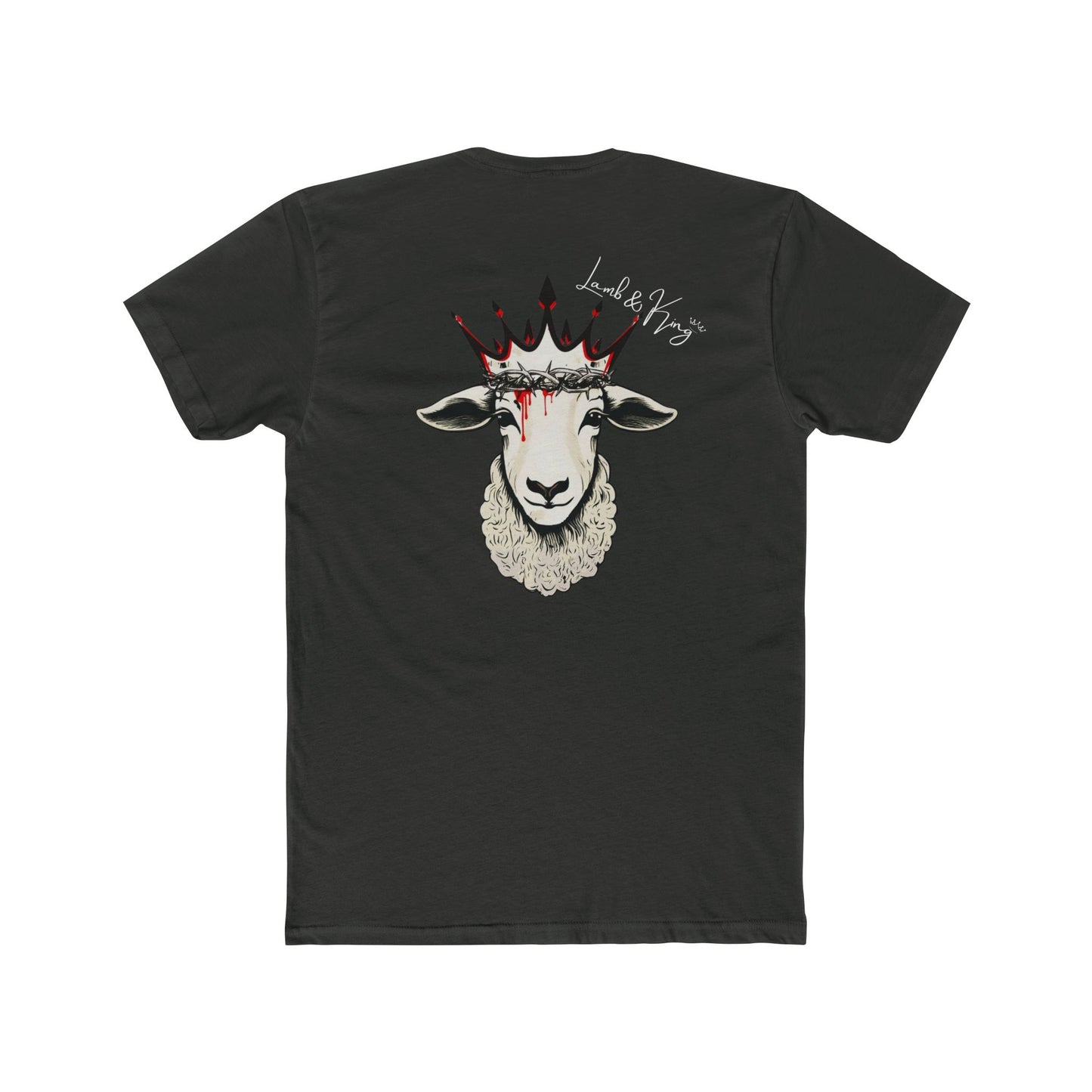 Solid Heavy Metal Lamb & King Royalty T-shirt shown from the back featuring a crowned lamb with a crown of thorns, blood drops, and the Lamb & King Royalty logo centered on the upper back.