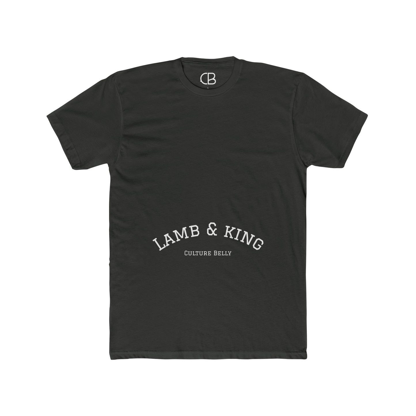 Solid Heavy Metal Lamb & King Royalty T-shirt featuring an illustrated crowned lamb with a crown of thorns, blood drops, and the Lamb & King Royalty logo on the upper back.
