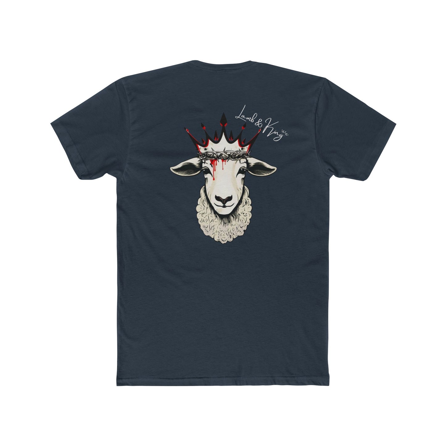 Solid Indigo Lamb & King Royalty T-shirt shown from the back featuring a crowned lamb with a crown of thorns, blood drops, and the Lamb & King Royalty logo centered on the upper back.