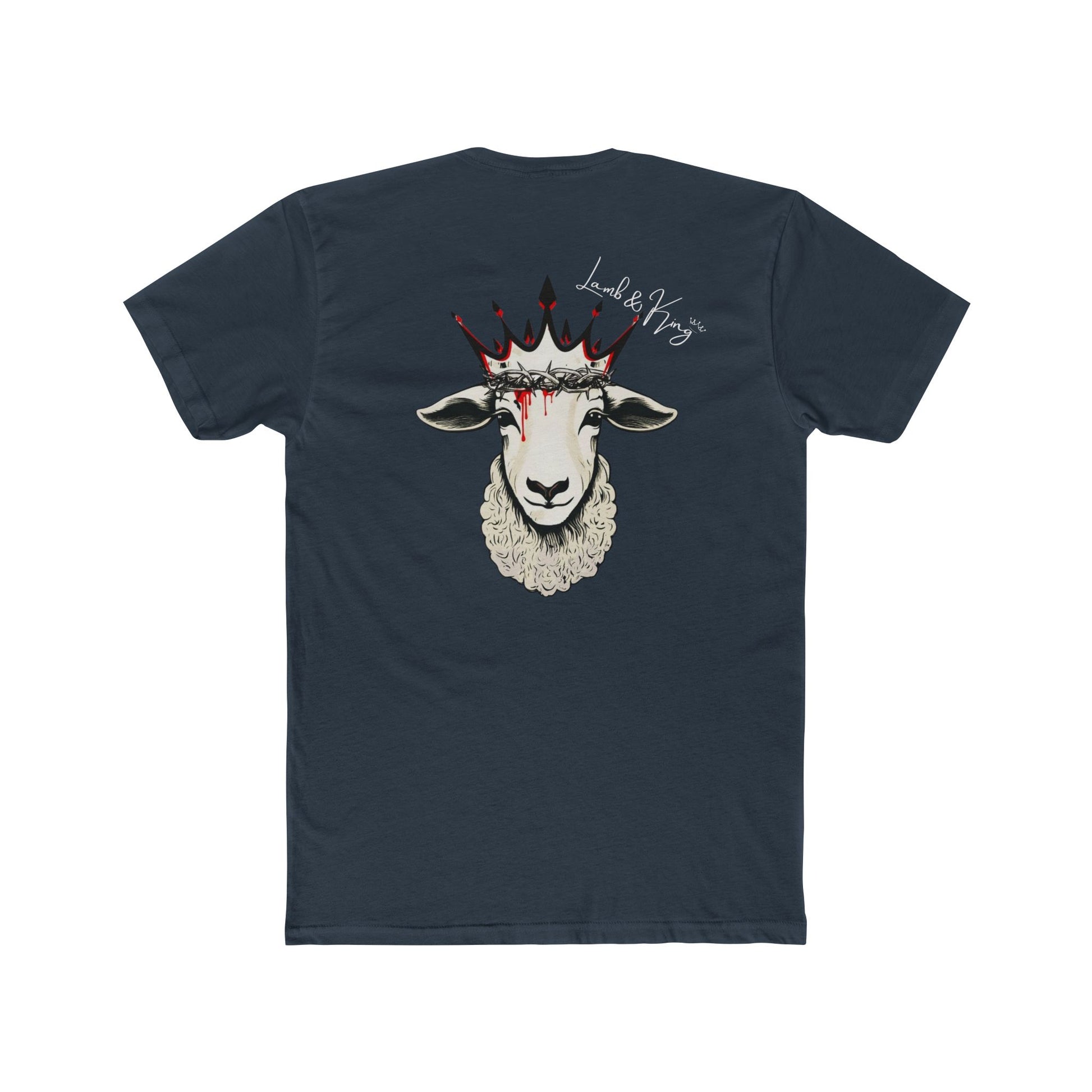Solid Indigo Lamb & King Royalty T-shirt shown from the back featuring a crowned lamb with a crown of thorns, blood drops, and the Lamb & King Royalty logo centered on the upper back.