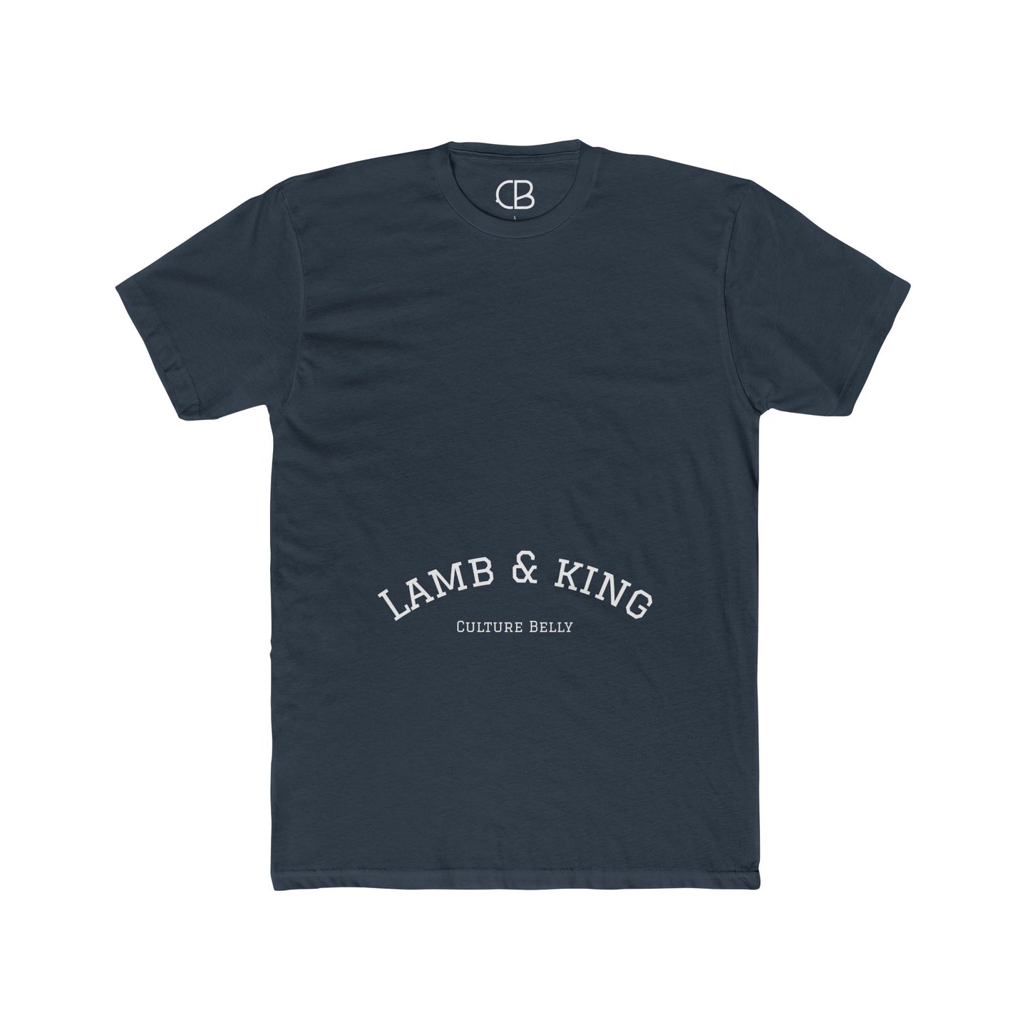 Solid Indigo Lamb & King Royalty T-shirt featuring an illustrated crowned lamb with a crown of thorns, blood drops, and the Lamb & King Royalty logo on the upper back.