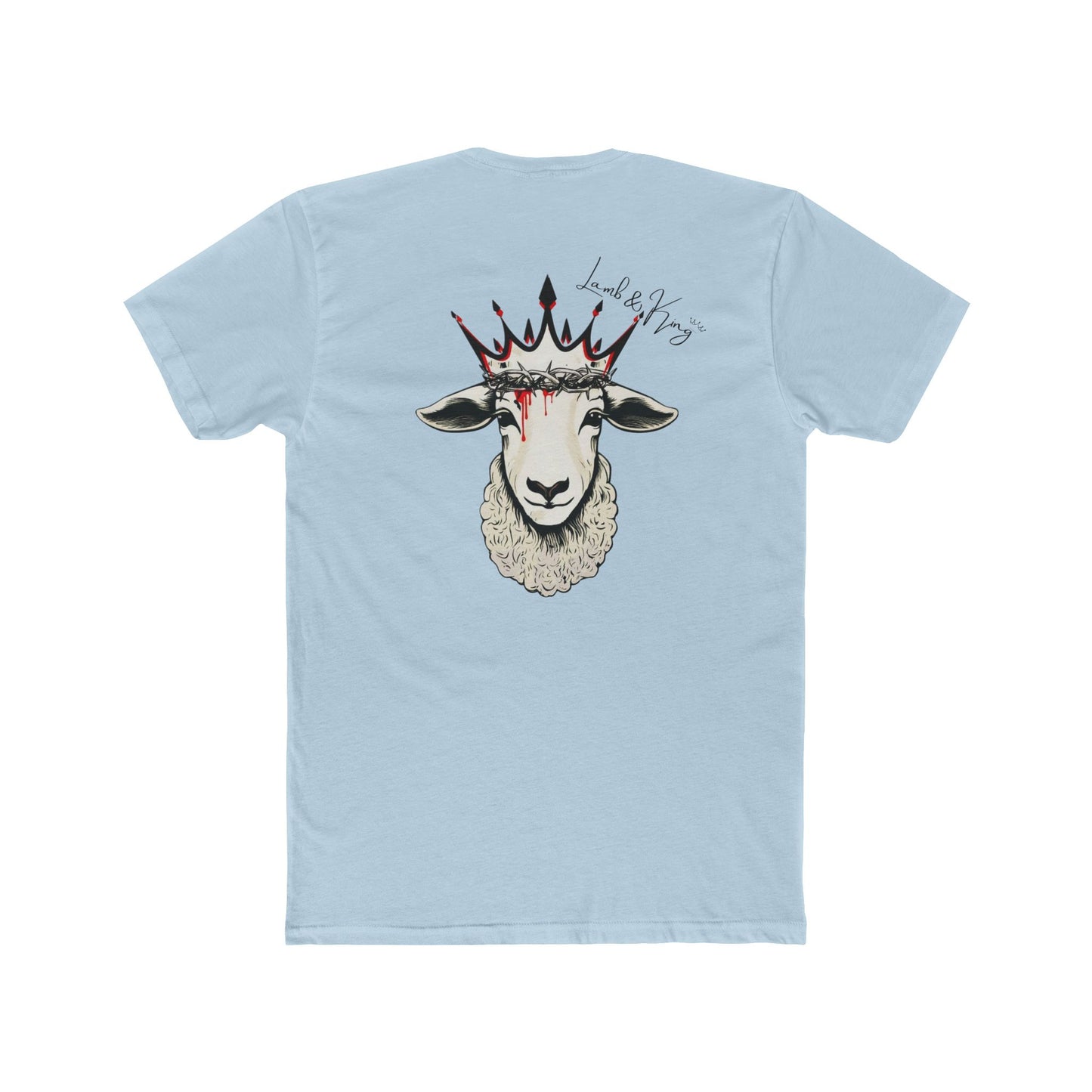 Solid Light Blue Lamb & King Royalty T-shirt shown from the back featuring a crowned lamb with a crown of thorns, blood drops, and the Lamb & King Royalty logo centered on the upper back.