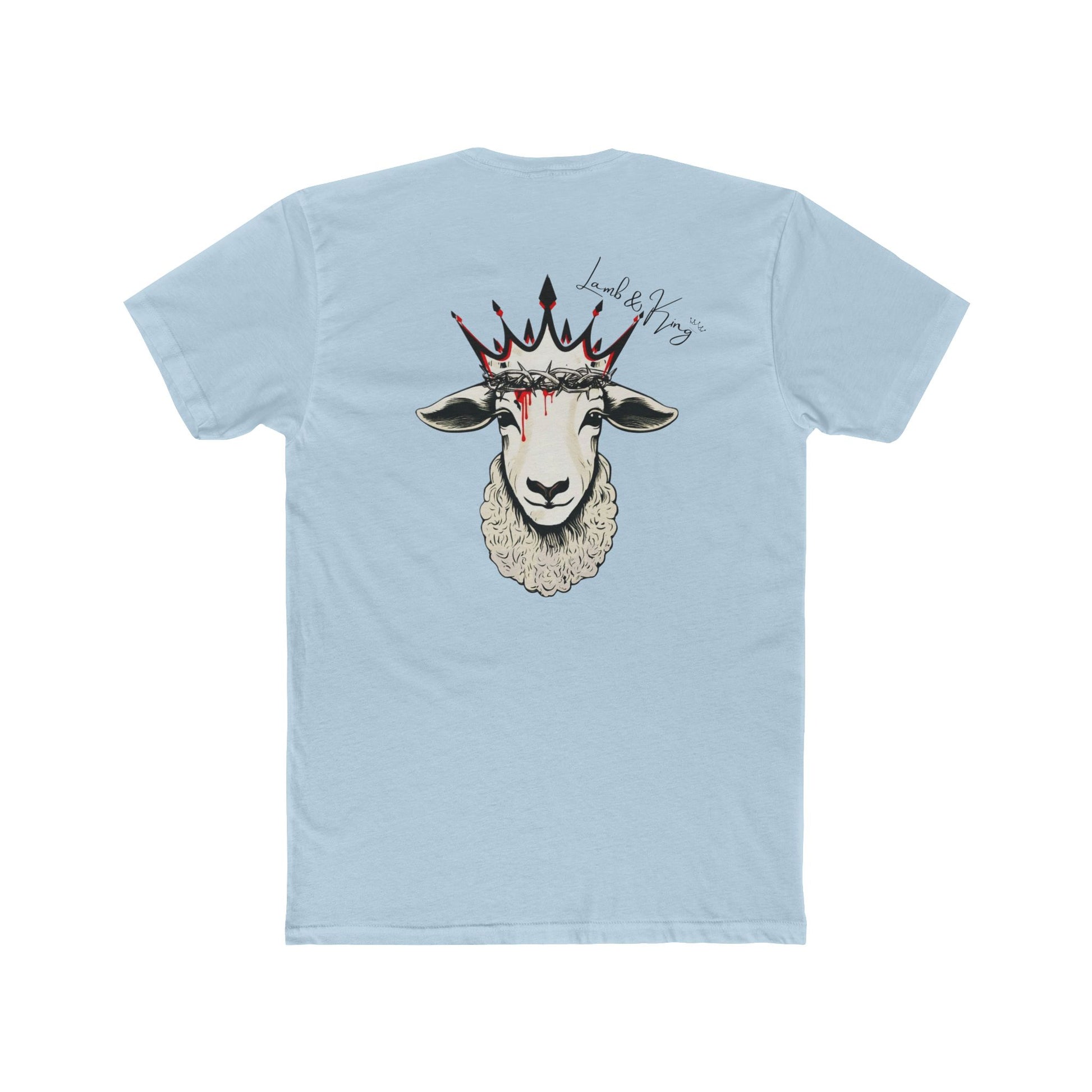 Solid Light Blue Lamb & King Royalty T-shirt shown from the back featuring a crowned lamb with a crown of thorns, blood drops, and the Lamb & King Royalty logo centered on the upper back.