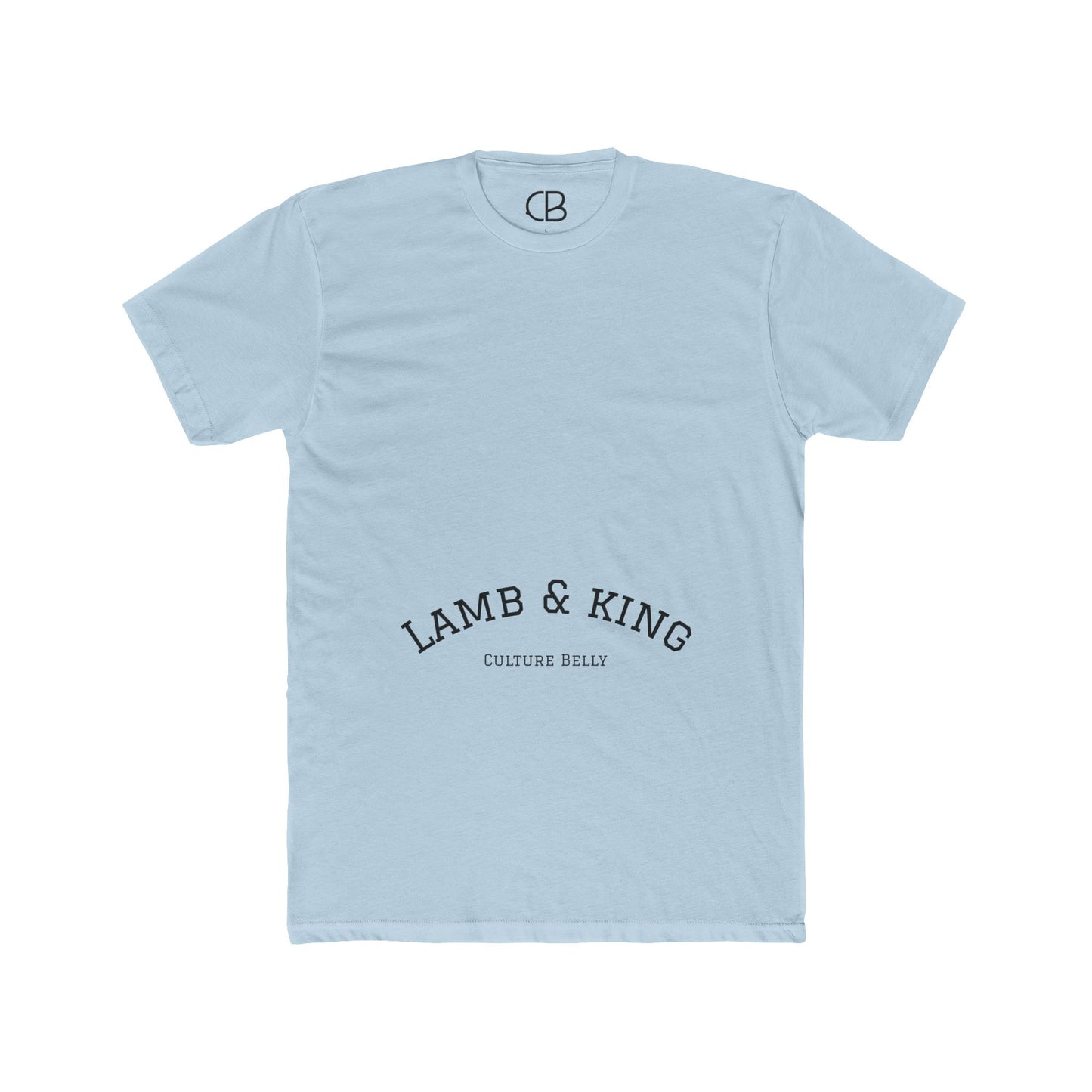 Solid Light Blue Lamb & King Royalty T-shirt featuring an illustrated crowned lamb with a crown of thorns, blood drops, and the Lamb & King Royalty logo on the upper back.