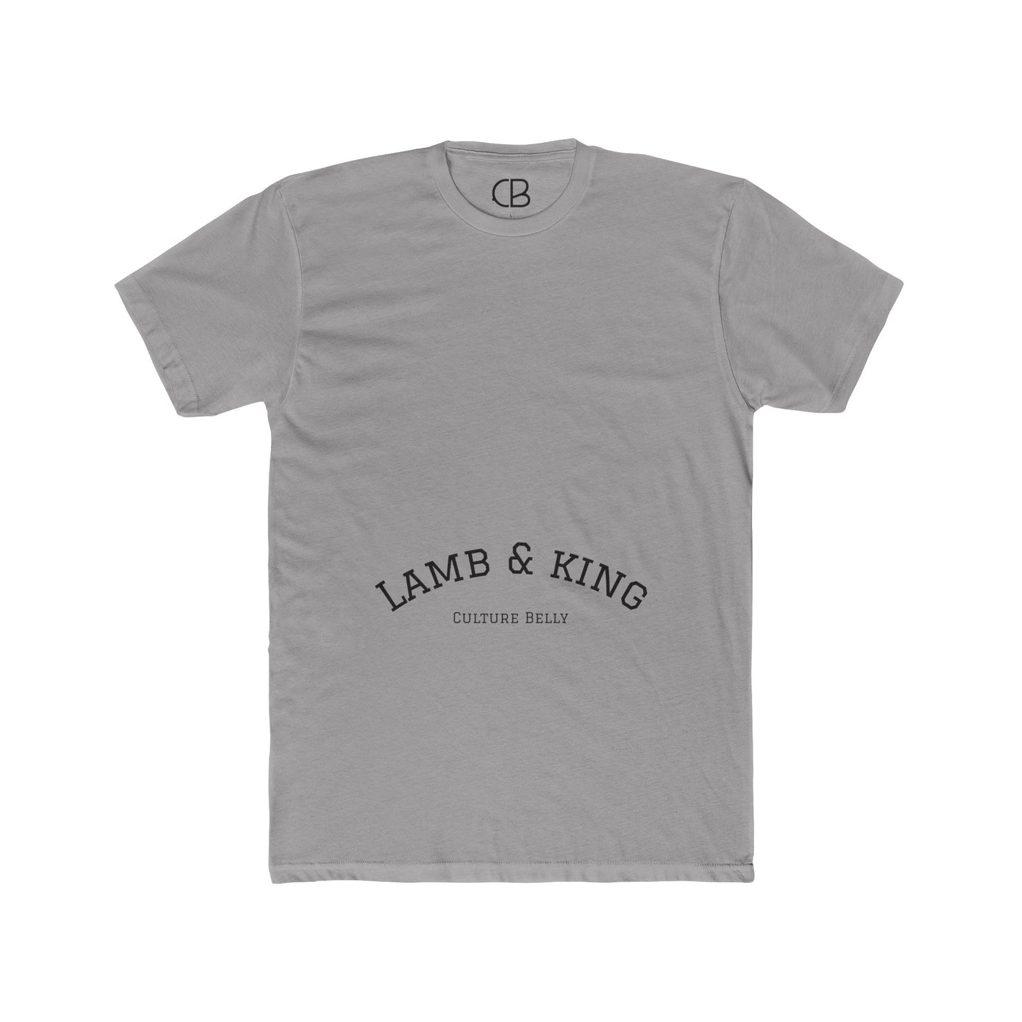 Solid Light Grey Lamb & King Royalty T-shirt featuring an illustrated crowned lamb with a crown of thorns, blood drops, and the Lamb & King Royalty logo on the upper back.