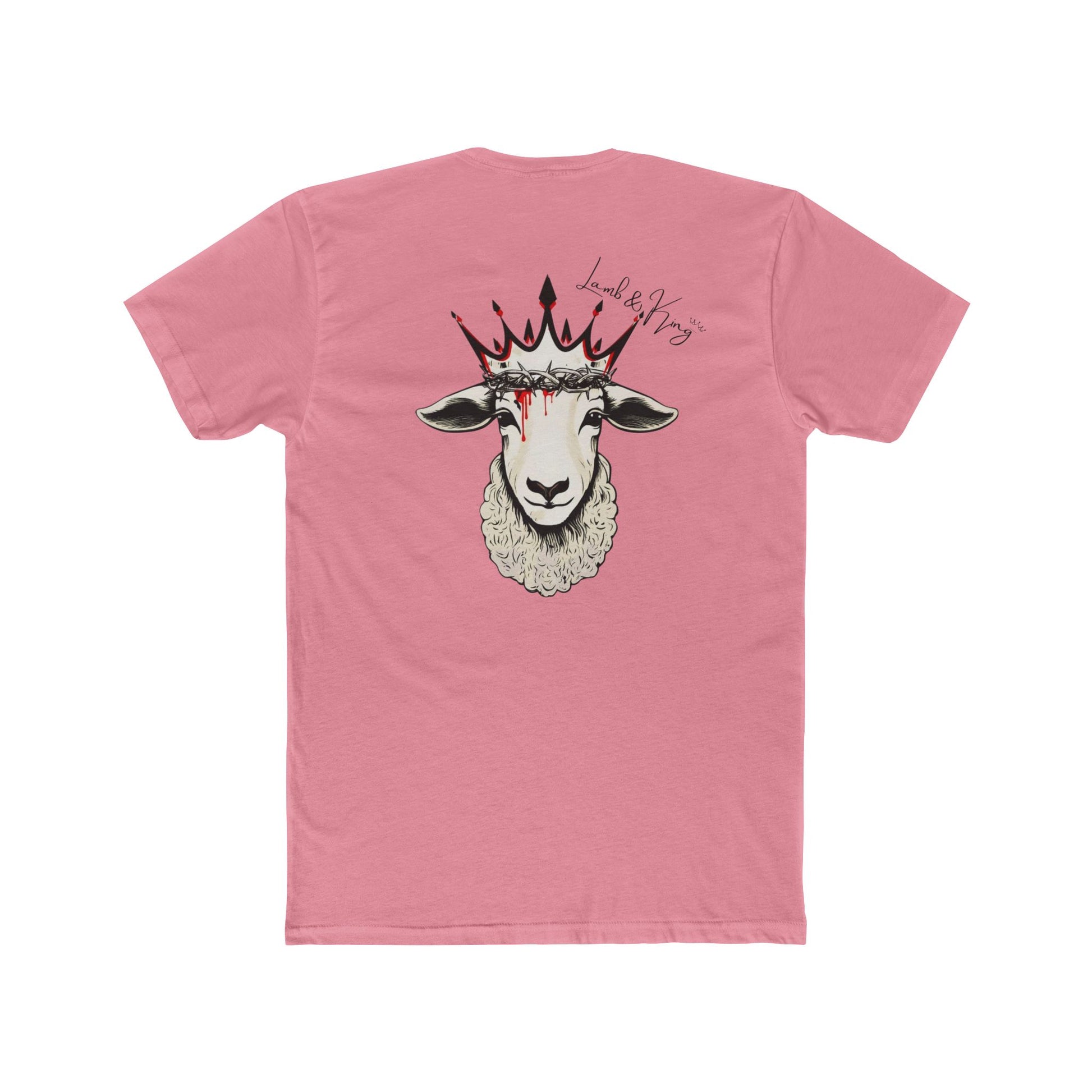 Solid Light Pink Lamb & King Royalty T-shirt shown from the back featuring a crowned lamb with a crown of thorns, blood drops, and the Lamb & King Royalty logo centered on the upper back.