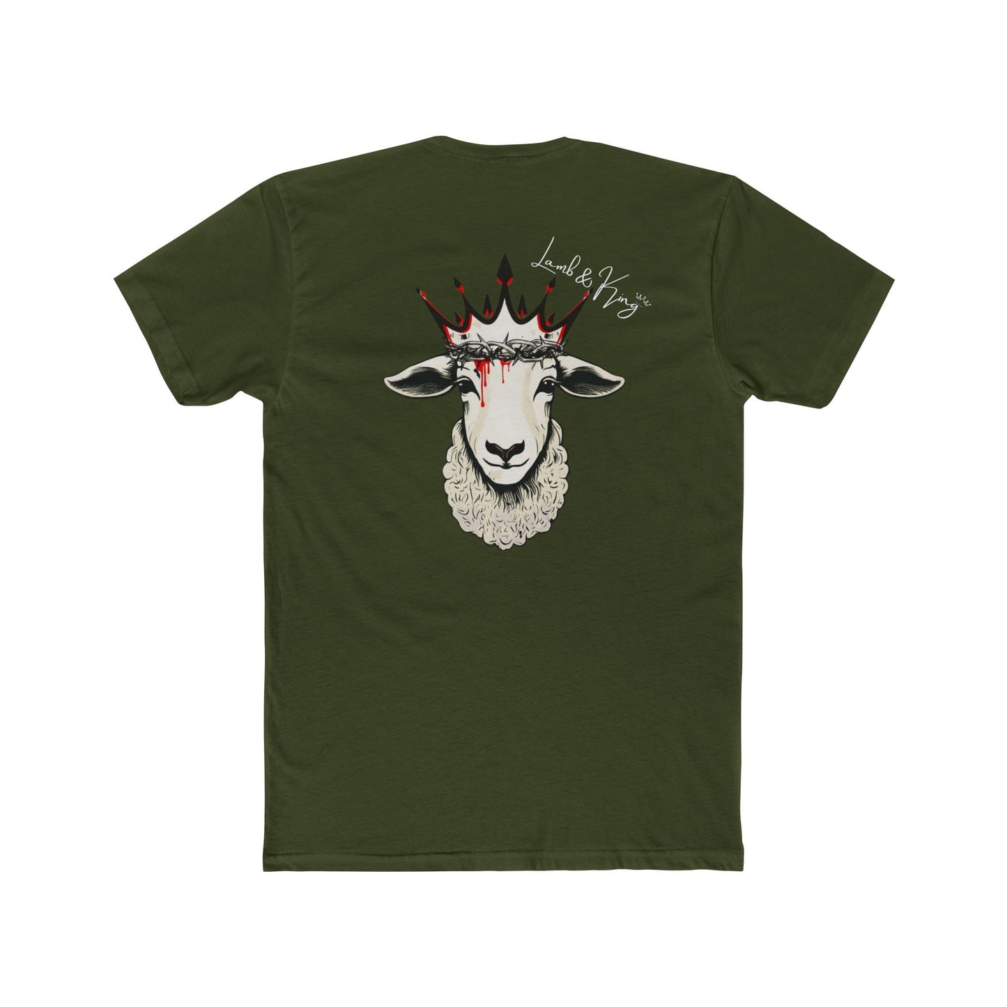 Solid Military Green Lamb & King Royalty T-shirt shown from the back featuring a crowned lamb with a crown of thorns, blood drops, and the Lamb & King Royalty logo centered on the upper back.