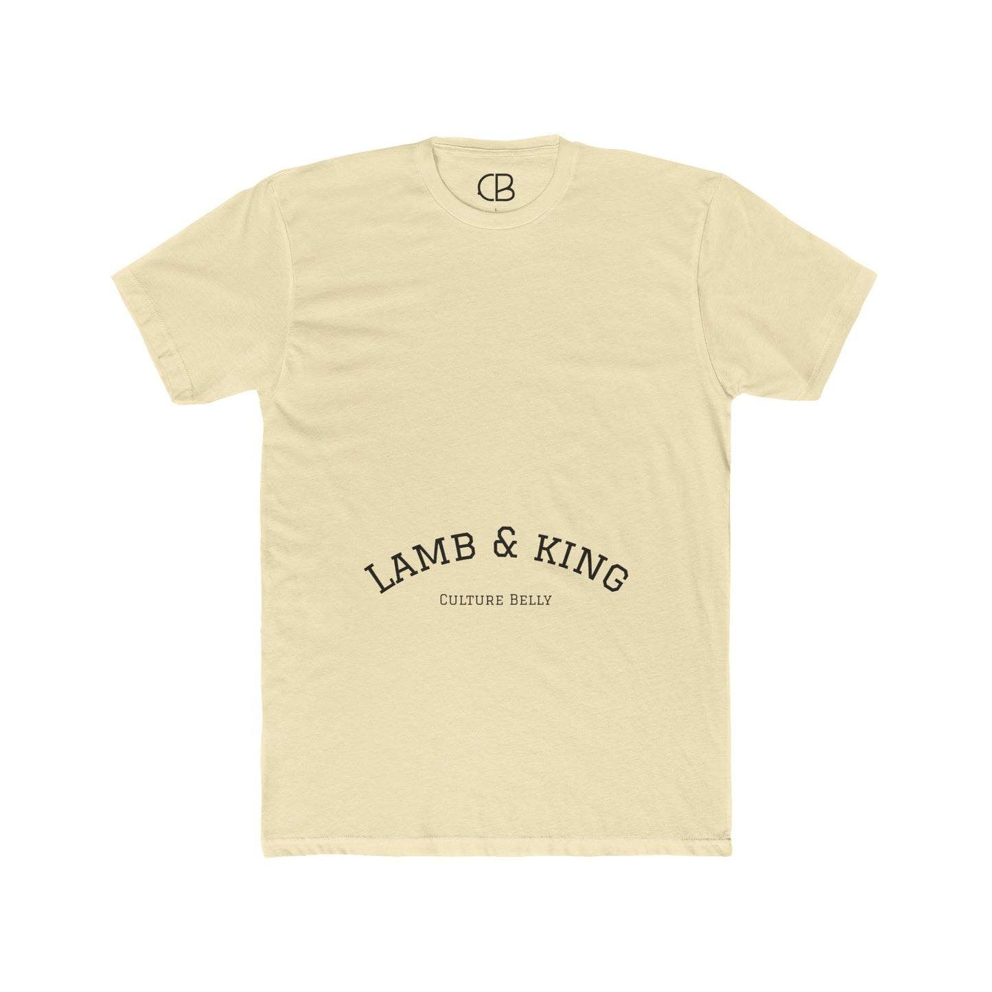 Solid Natural Lamb & King Royalty T-shirt featuring an illustrated crowned lamb with a crown of thorns, blood drops, and the Lamb & King Royalty logo on the upper back.