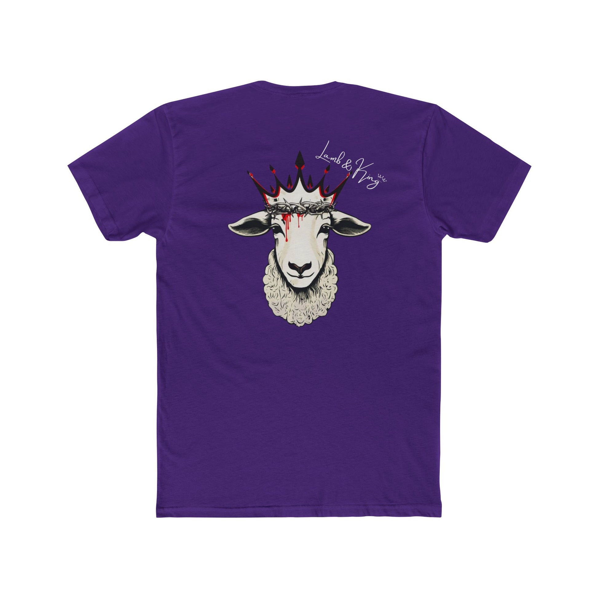 Solid Purple Rush Lamb & King Royalty T-shirt shown from the back featuring a crowned lamb with a crown of thorns, blood drops, and the Lamb & King Royalty logo centered on the upper back.