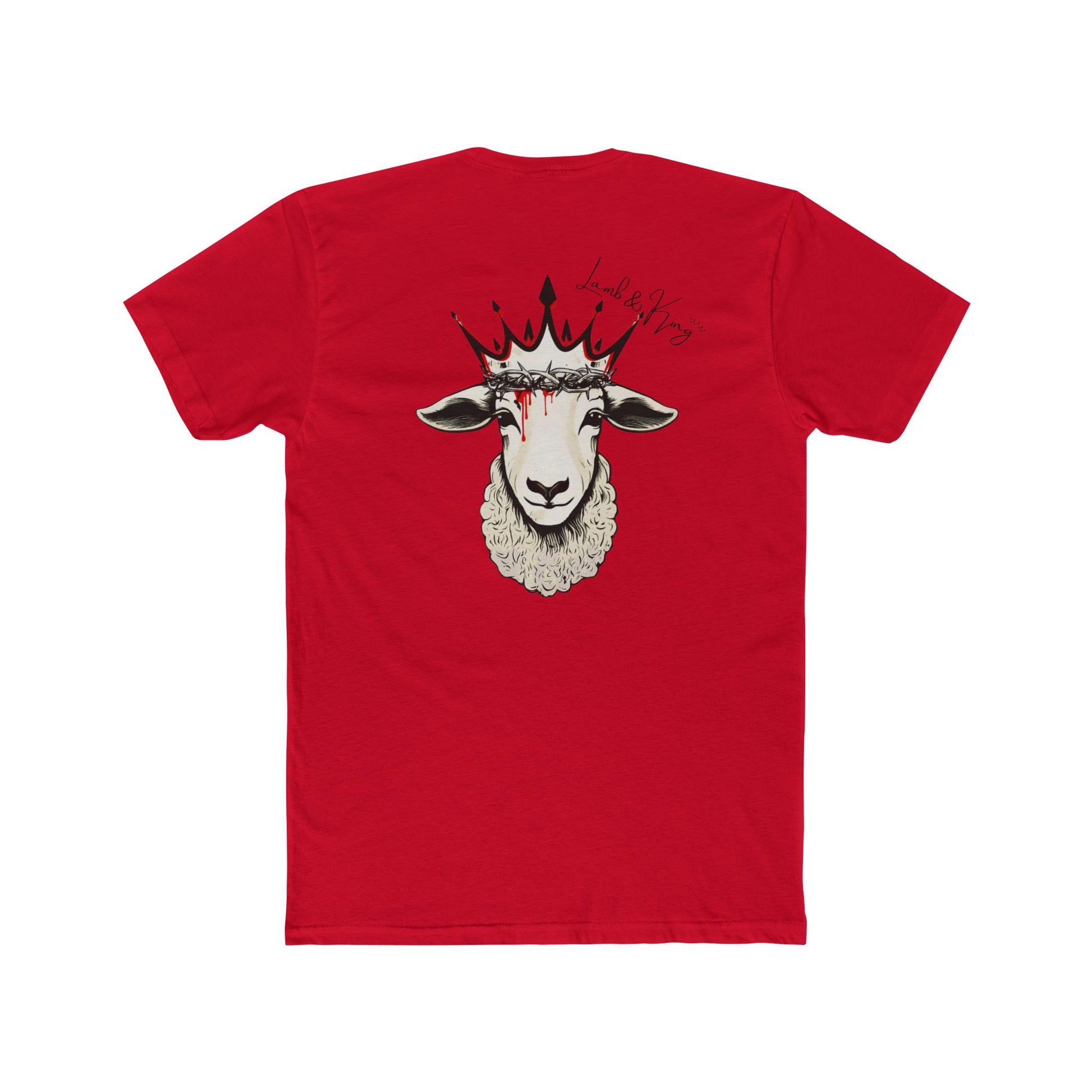 Solid Red Lamb & King Royalty T-shirt shown from the back featuring a crowned lamb with a crown of thorns, blood drops, and the Lamb & King Royalty logo centered on the upper back.