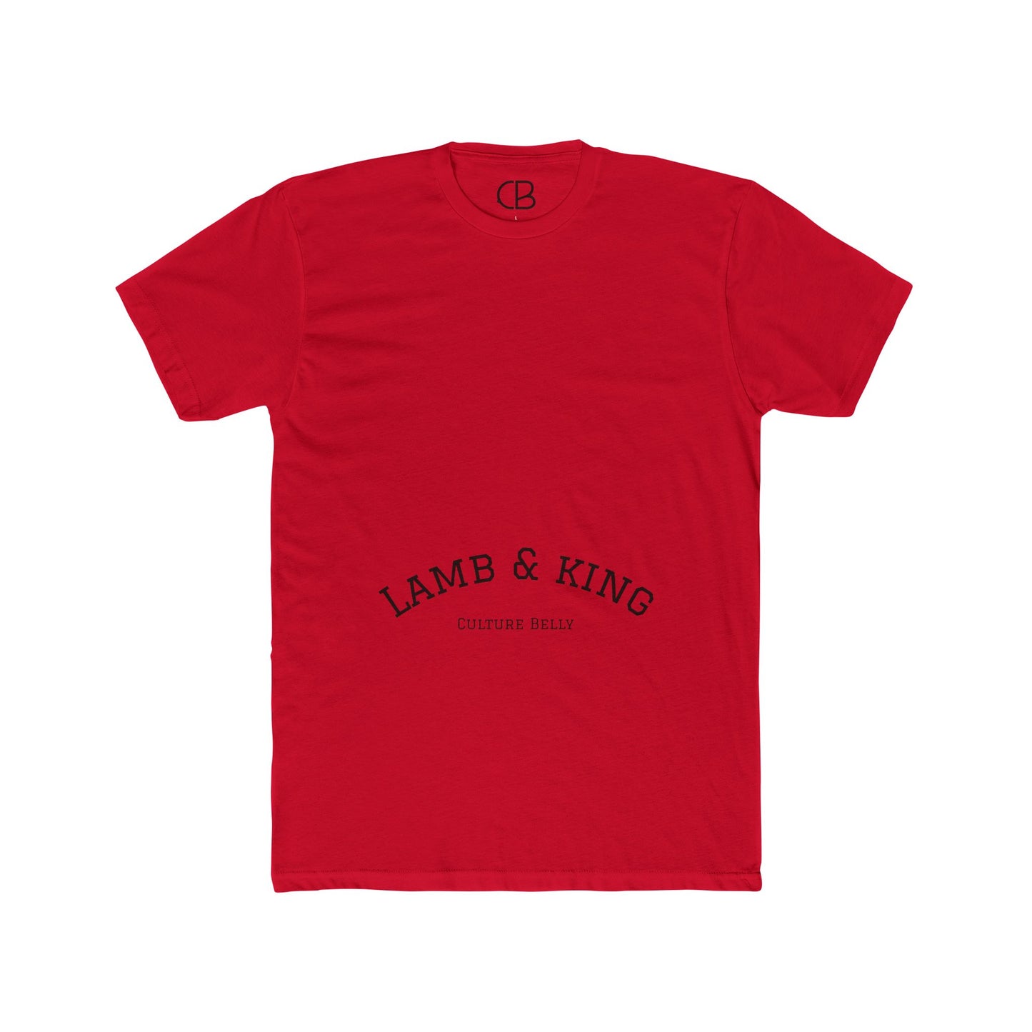 Solid Red Lamb & King Royalty T-shirt featuring an illustrated crowned lamb with a crown of thorns, blood drops, and the Lamb & King Royalty logo on the upper back.