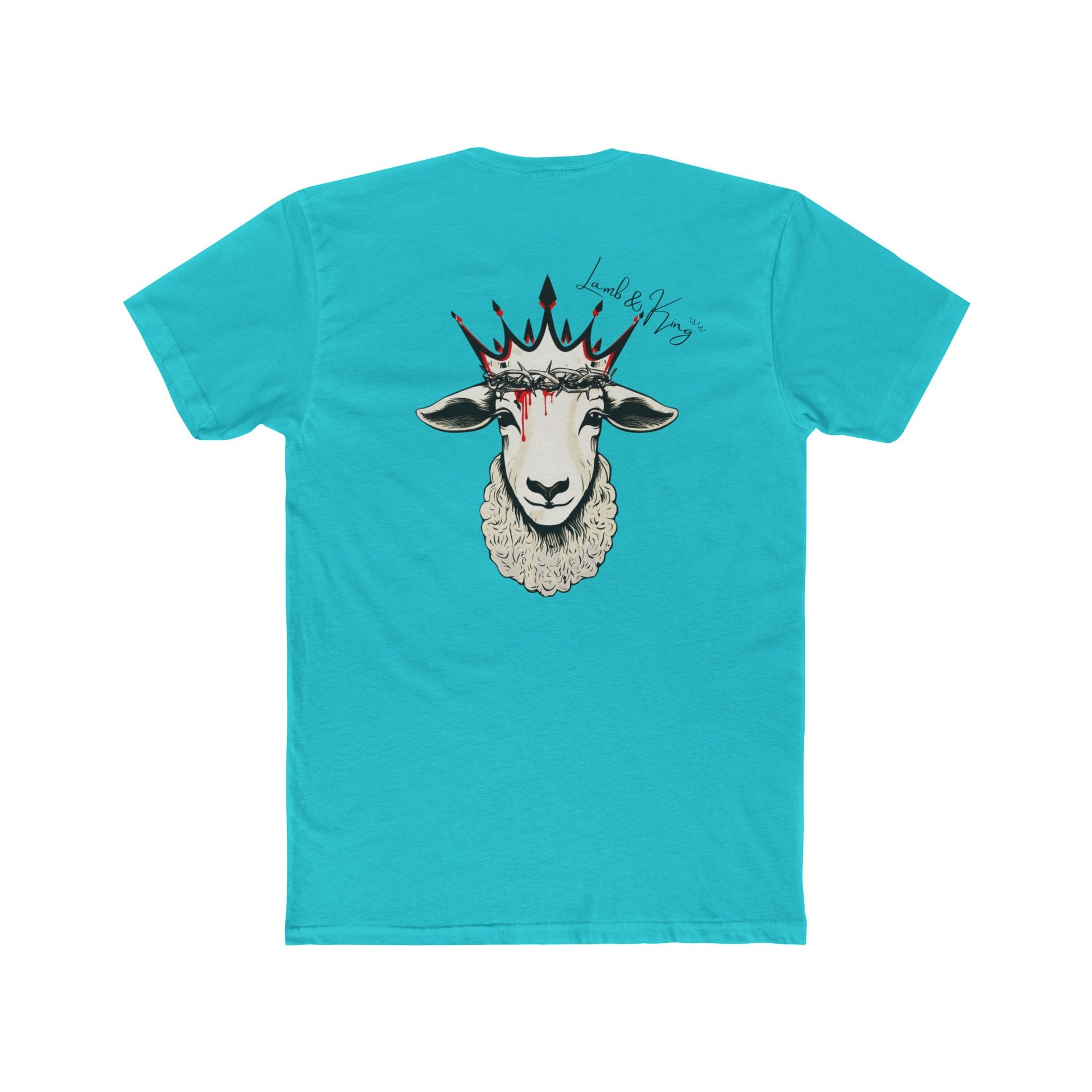 Solid Tahiti Blue Lamb & King Royalty T-shirt shown from the back featuring a crowned lamb with a crown of thorns, blood drops, and the Lamb & King Royalty logo centered on the upper back.