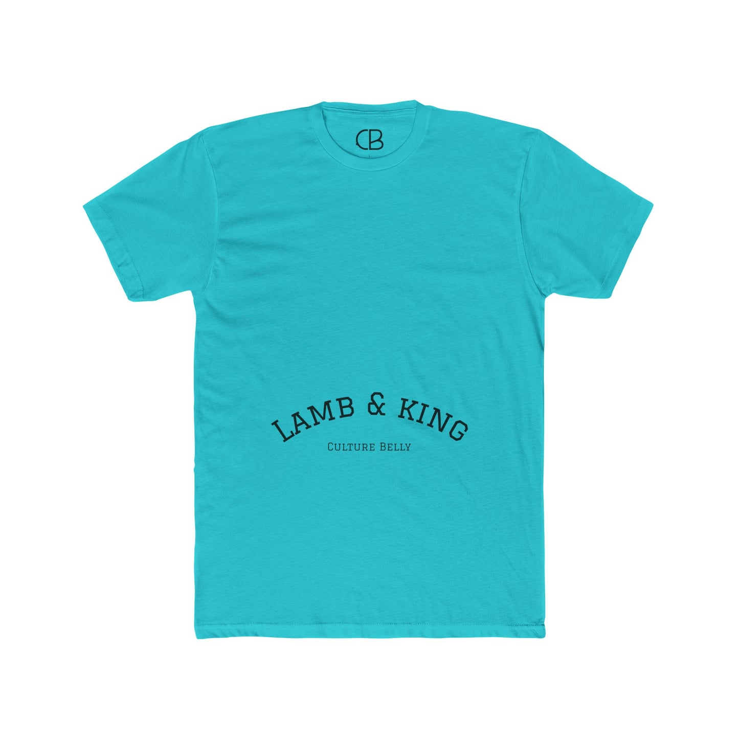 Solid Tahiti Blue Lamb & King Royalty T-shirt featuring a crowned lamb with a crown of thorns, blood drops, and the Lamb & King Royalty logo.