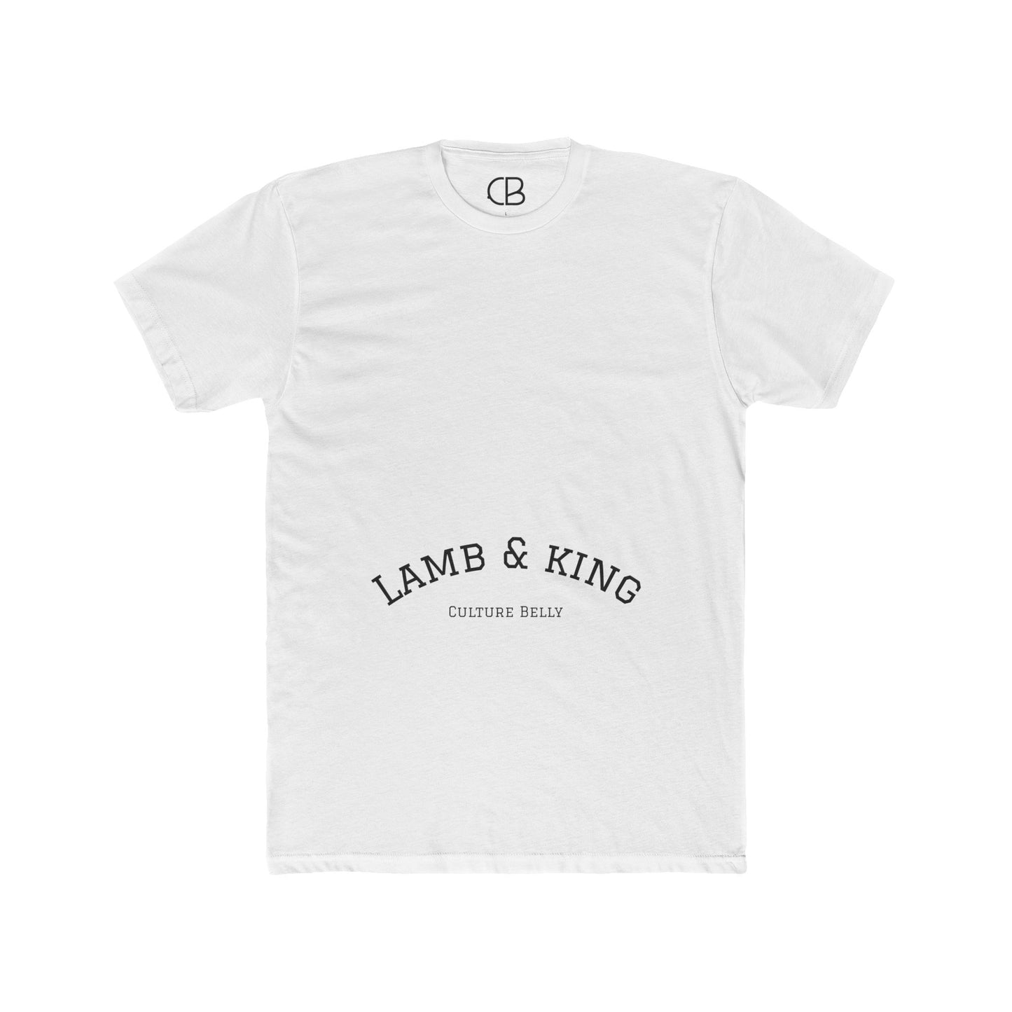 White Lamb & King Royalty T-shirt featuring an illustrated crowned lamb with a crown of thorns, blood drops, and the Lamb & King Royalty logo on the upper back.