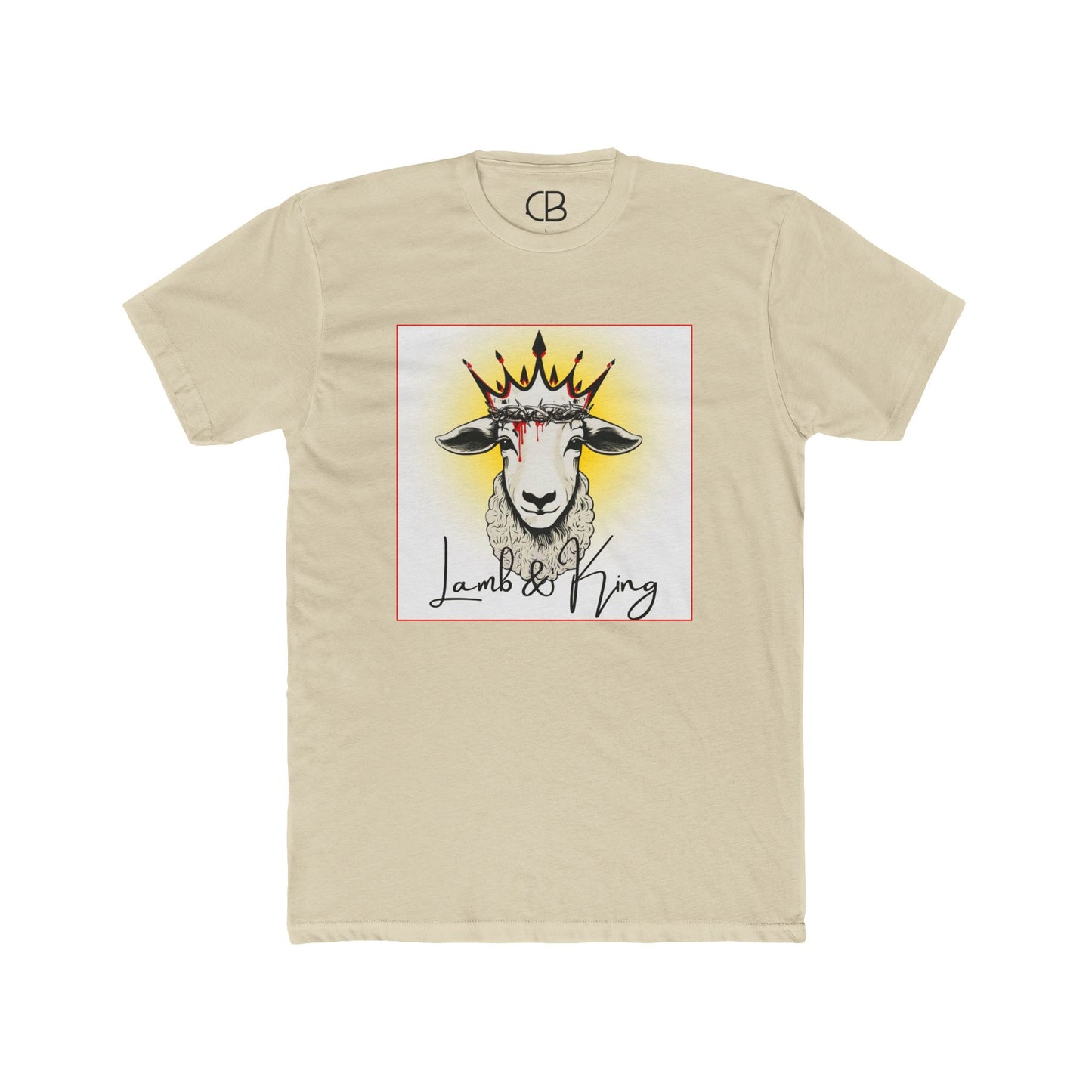 Solid Cream Lamb & King Script Logo t-shirt featuring a crowned lamb illustration with a crown of thorns and elegant Lamb & King script on the front.