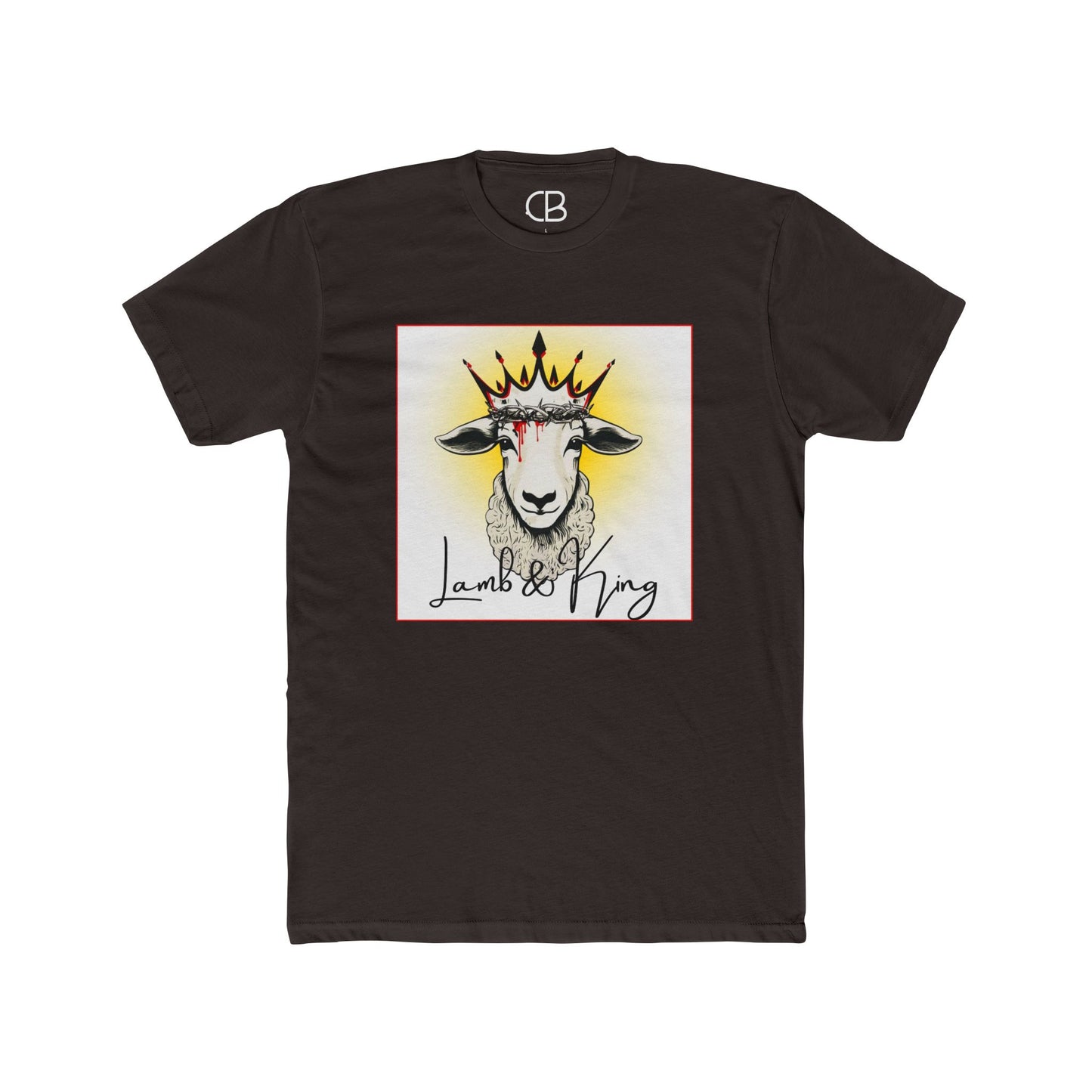 Solid Dark Chocolate Lamb & King Script Logo T-shirt featuring a crowned lamb illustration with a crown of thorns and elegant Lamb & King script on the front.