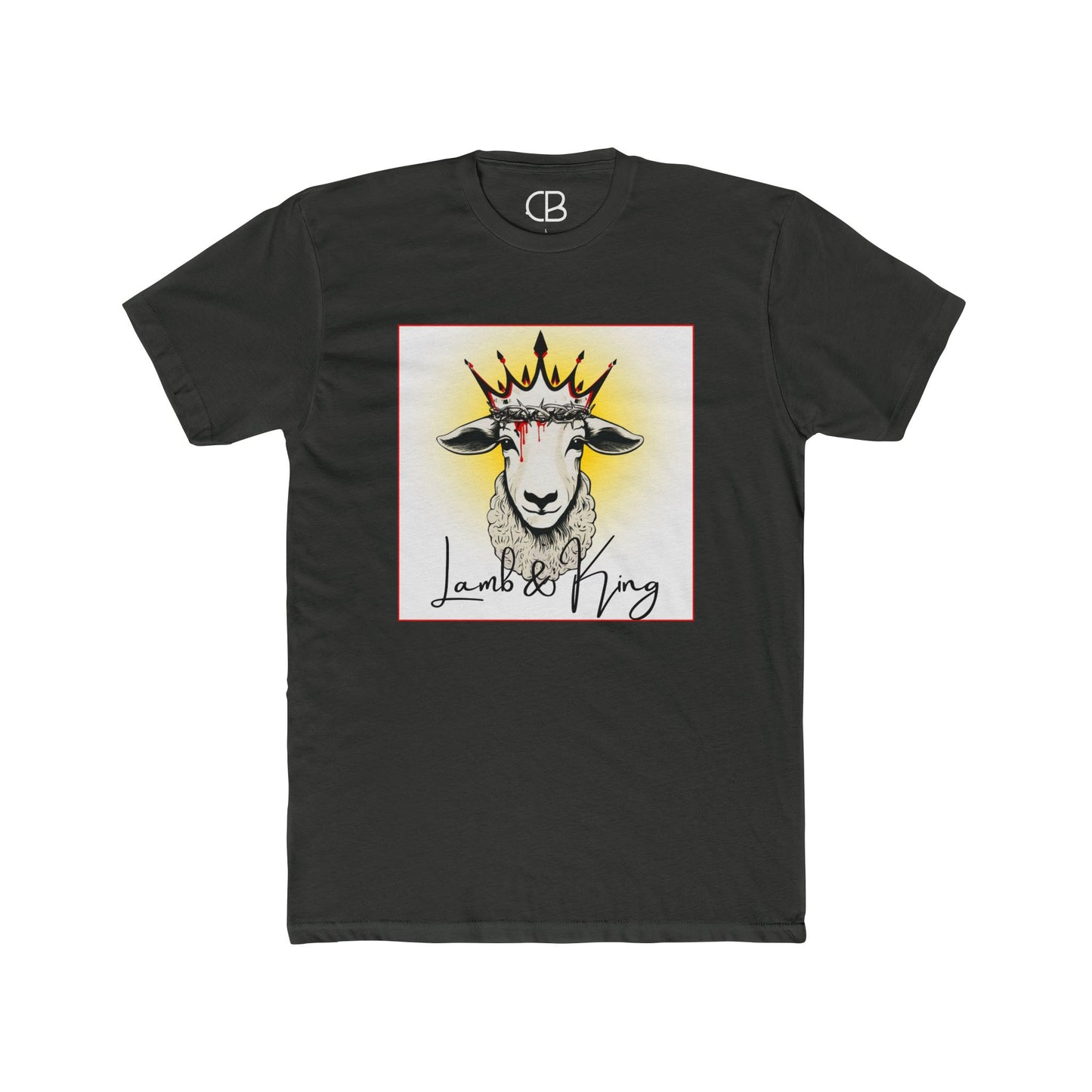 Solid Heavy Metal Lamb & King Script Logo T-shirt featuring a crowned lamb illustration with a crown of thorns and elegant Lamb & King script on the front.