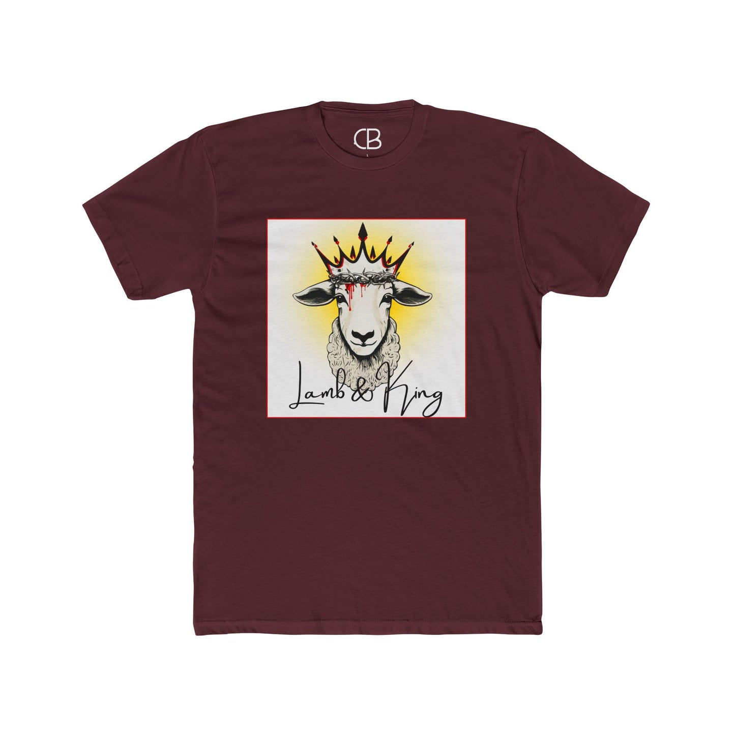 Solid Maroon Lamb & King Script Logo T-shirt featuring a crowned lamb illustration with a crown of thorns and elegant Lamb & King script on the front.