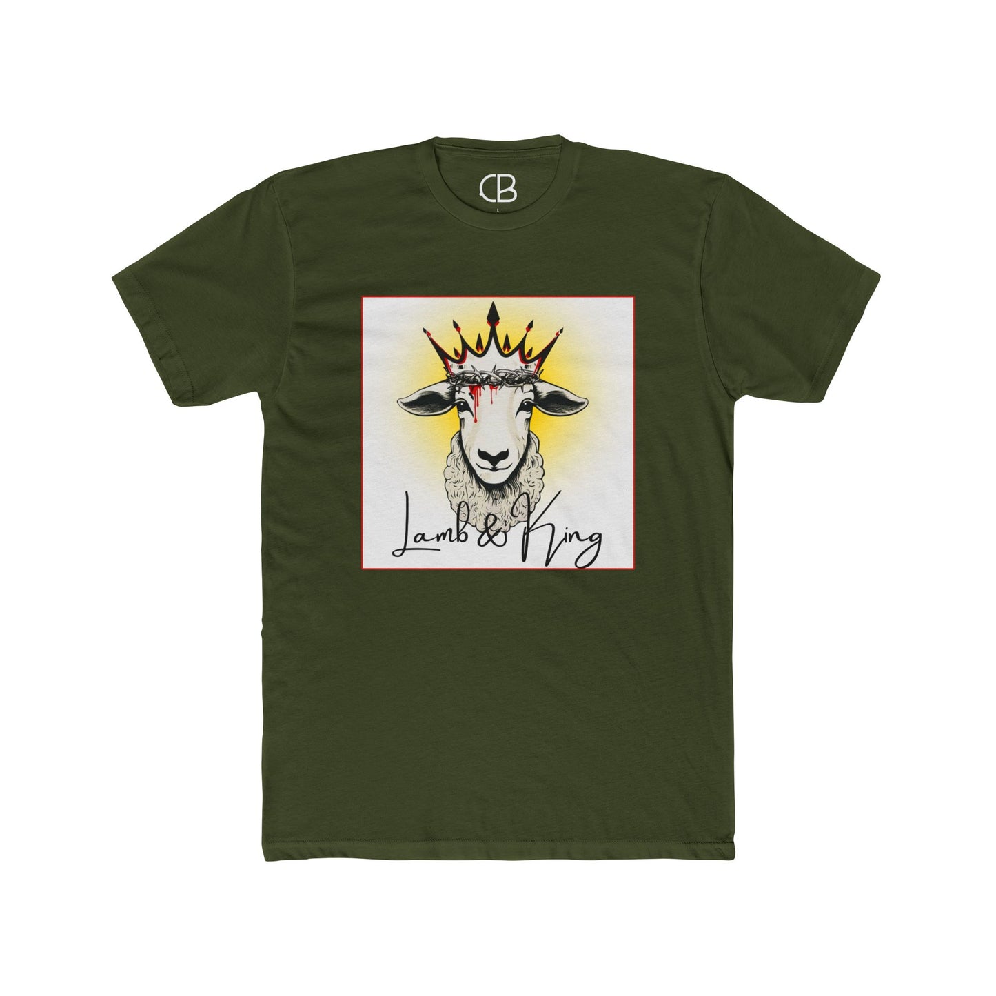 Solid Military Green Lamb & King Script Logo T-shirt featuring a crowned lamb illustration with a crown of thorns and elegant Lamb & King script on the front.