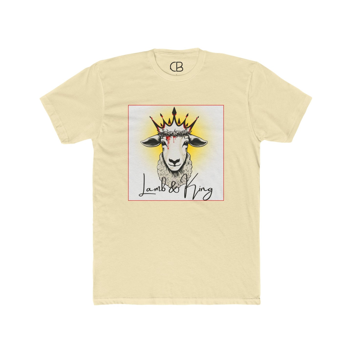 Solid Natural Lamb & King Script Logo t-shirt featuring a crowned lamb illustration with a crown of thorns and elegant Lamb & King script on the front.