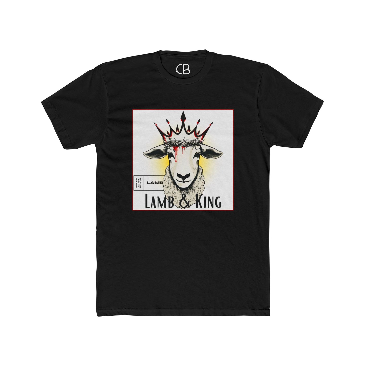 Black Lamb & King Signature T-shirt featuring an illustrated crowned lamb wearing a crown of thorns with blood drops and the Lamb & King Signature graphic on the front.