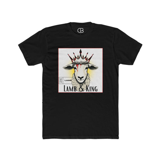 Black Lamb & King Signature T-shirt featuring an illustrated crowned lamb wearing a crown of thorns with blood drops and the Lamb & King Signature graphic on the front.