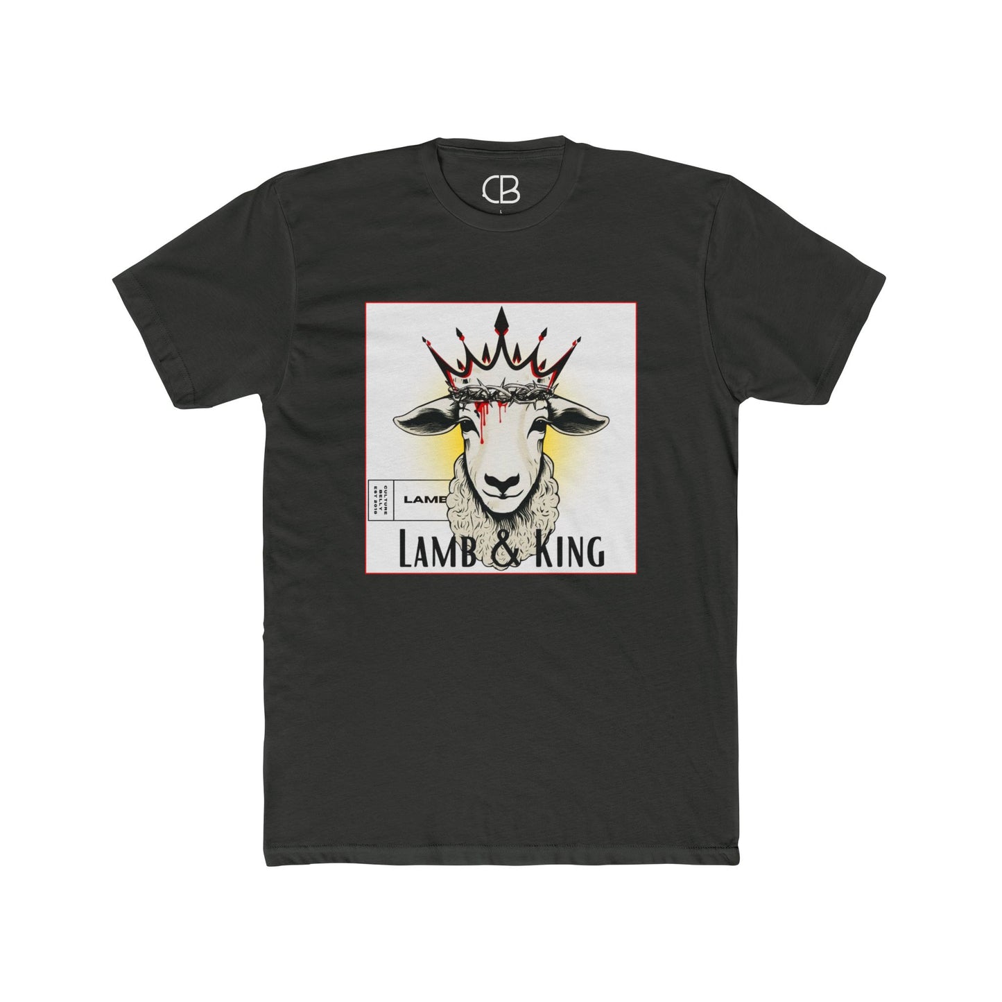 Heavy Metal Lamb & King Signature T-shirt featuring an illustrated crowned lamb wearing a crown of thorns with blood drops and the Lamb & King Signature graphic on the front.