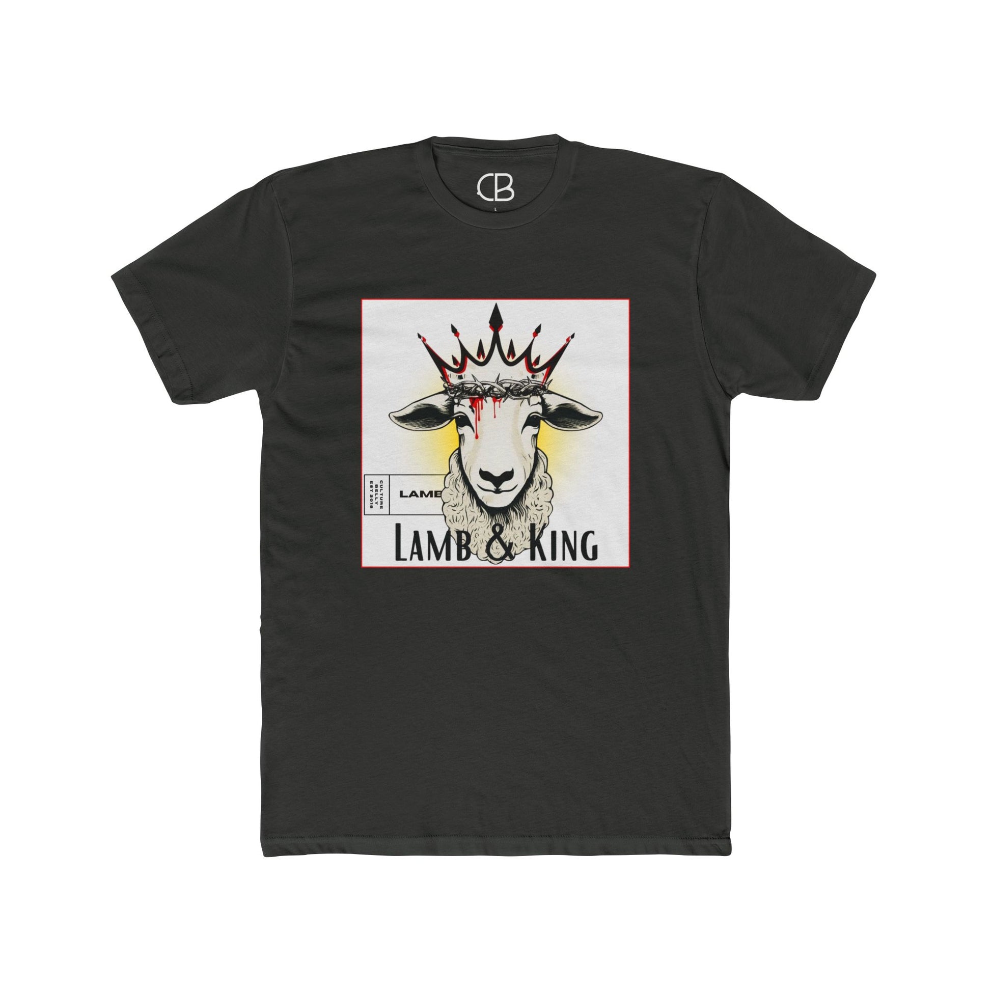 Heavy Metal Lamb & King Signature T-shirt featuring an illustrated crowned lamb wearing a crown of thorns with blood drops and the Lamb & King Signature graphic on the front.