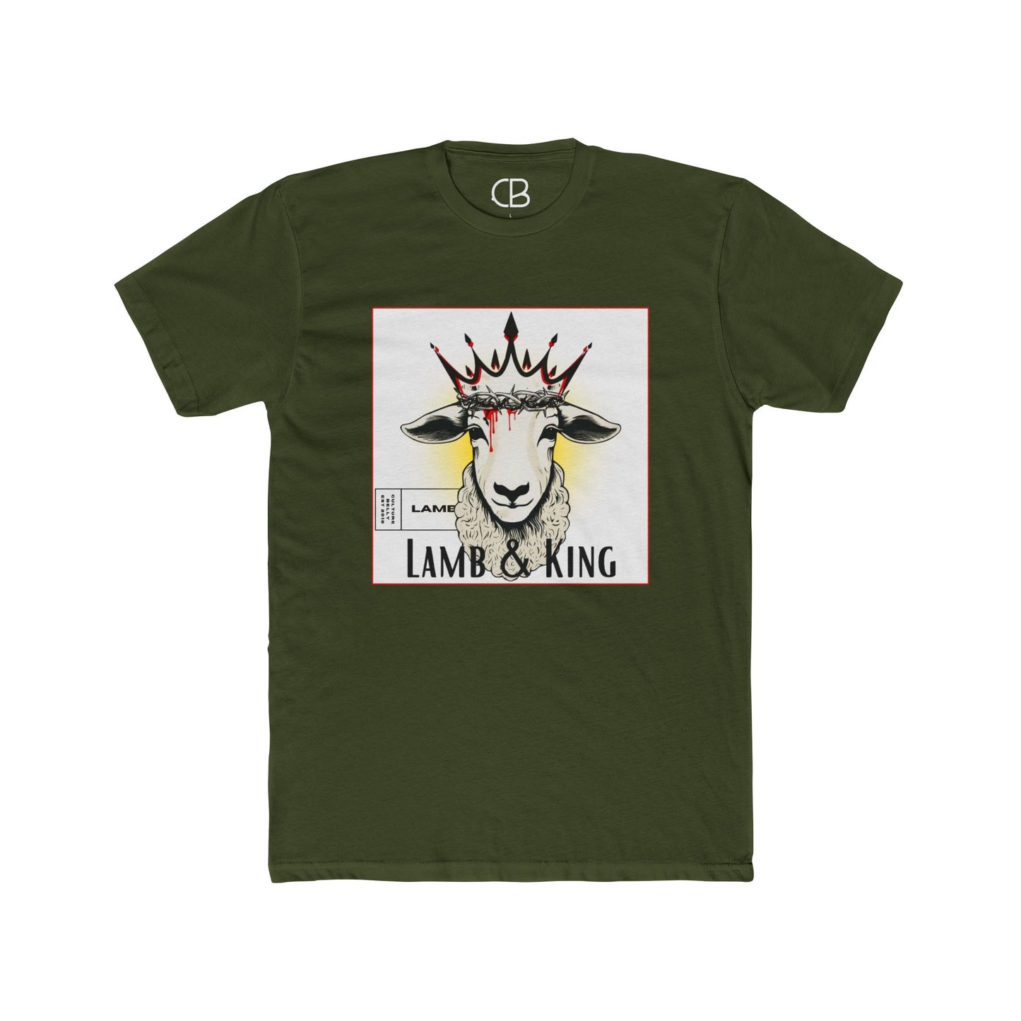 Military Green Lamb & King Signature T-shirt featuring an illustrated crowned lamb wearing a crown of thorns with blood drops and the Lamb & King Signature graphic on the front.
