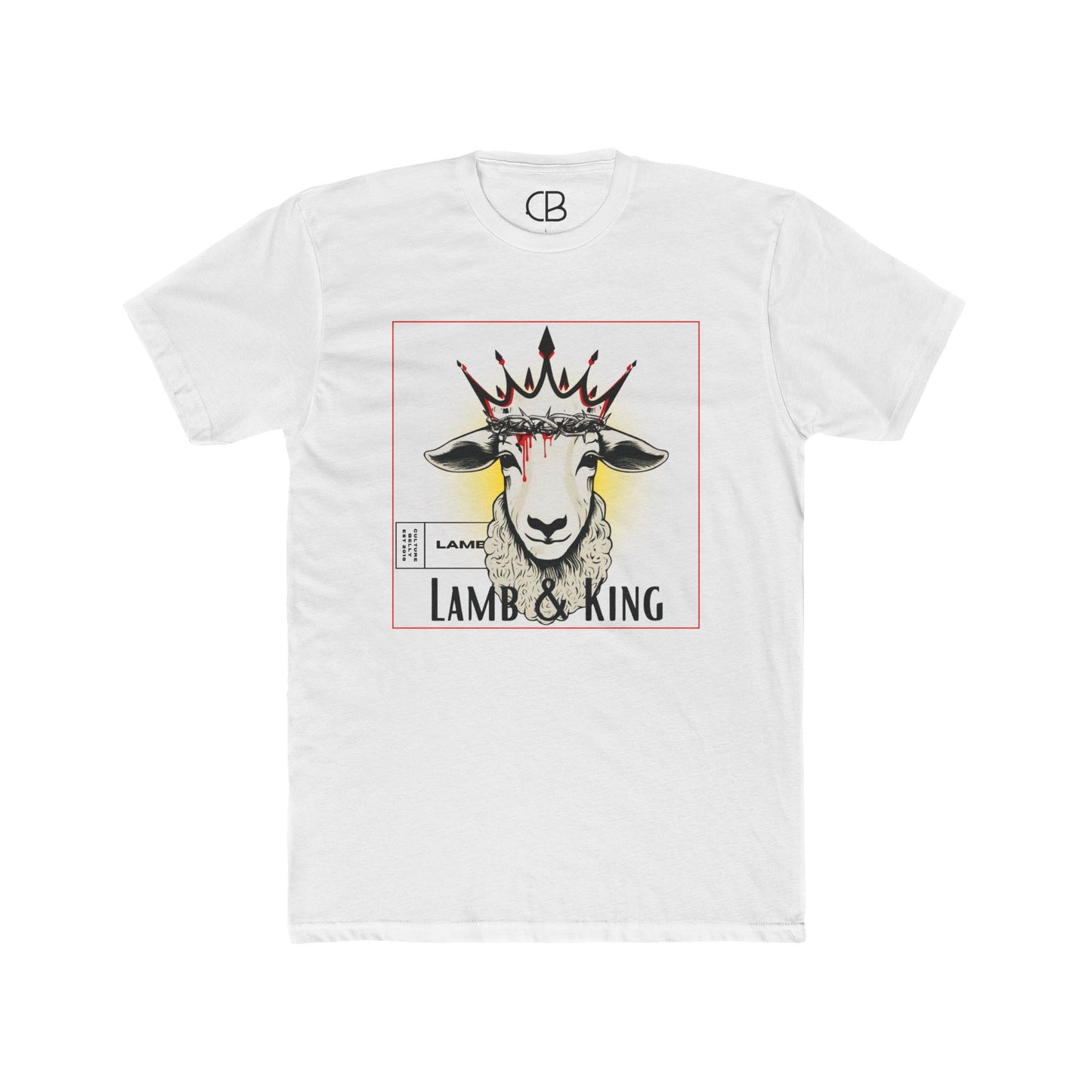 White Lamb & King Signature T-shirt featuring an illustrated crowned lamb wearing a crown of thorns with blood drops and the Lamb & King Signature graphic on the front.