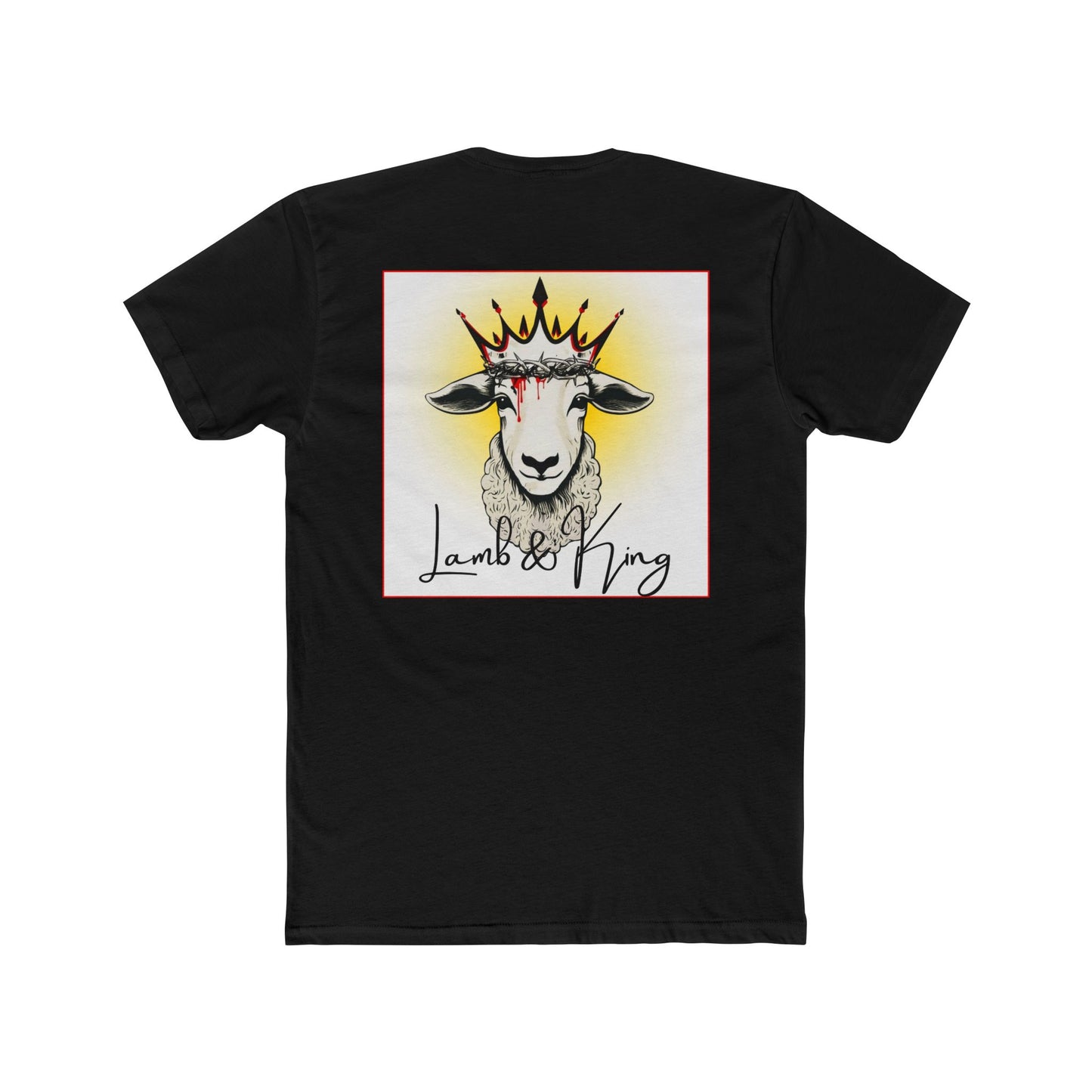 Back of Solid Black Lamb & King T-shirt featuring an illustrated crowned lamb wearing a crown of thorns with blood drops and the Lamb & King logo.